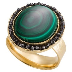 18KY Bulls Eye Malachite Ring with Black Diamonds