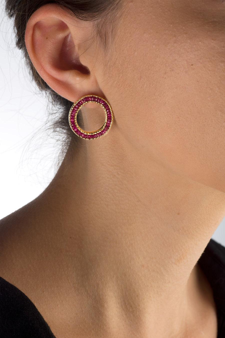 Artisan 18KY Coin Earring with Rubies For Sale