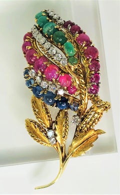 18KY Diamond, Emerald, Ruby, Sapphire Leaf Brooch