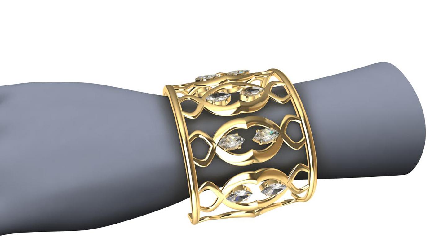 Marquise Cut 18 Karat Double Arabesque Cuff Bracelet with GIA Diamonds For Sale
