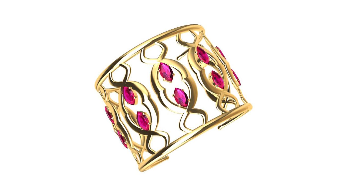 Contemporary 18ky Double Arabesque Cuff Bracelet with Rubies For Sale
