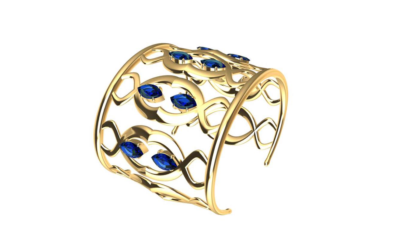 Contemporary 18 Karat Double Arabesque Cuff Bracelet with Sapphires For Sale