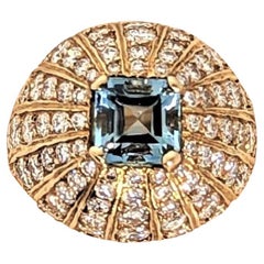 18KY Gold Aquamarine '3.73 cts' and Diamond '91=3.58 cts' Dome Ring