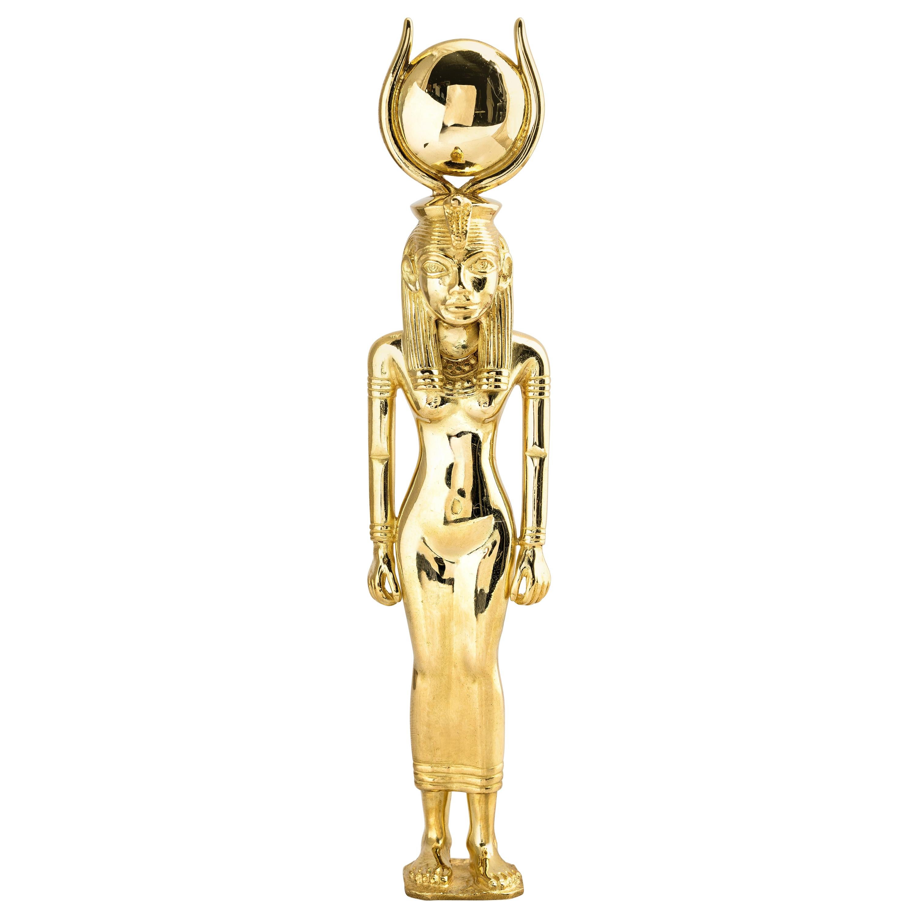 18 Karat Yellow Gold Egyptian Goddess Hathor Large Pendant Figurine For Sale