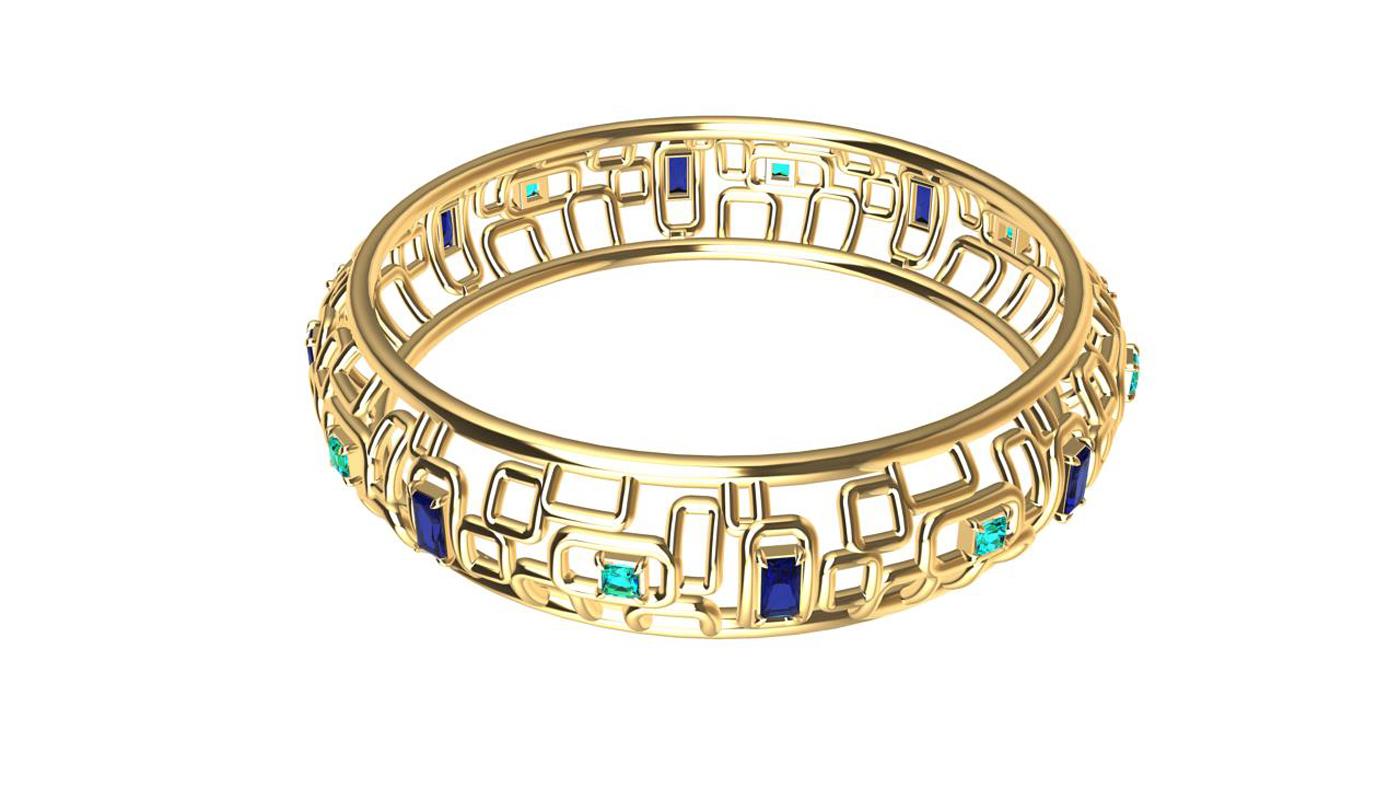 Tiffany designer, Thomas Kurilla created this 18Ky Gold Sapphire and Aquamarine  Bangle, From the Arabesques Series 