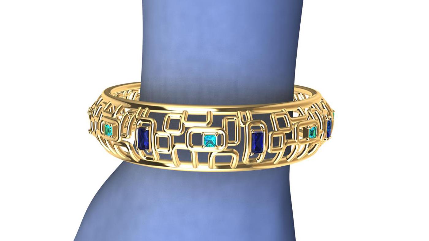 Contemporain Bracelet « Aquarelle et lumière » en or jaune 18 carats avec saphirs et aigues-marines en vente