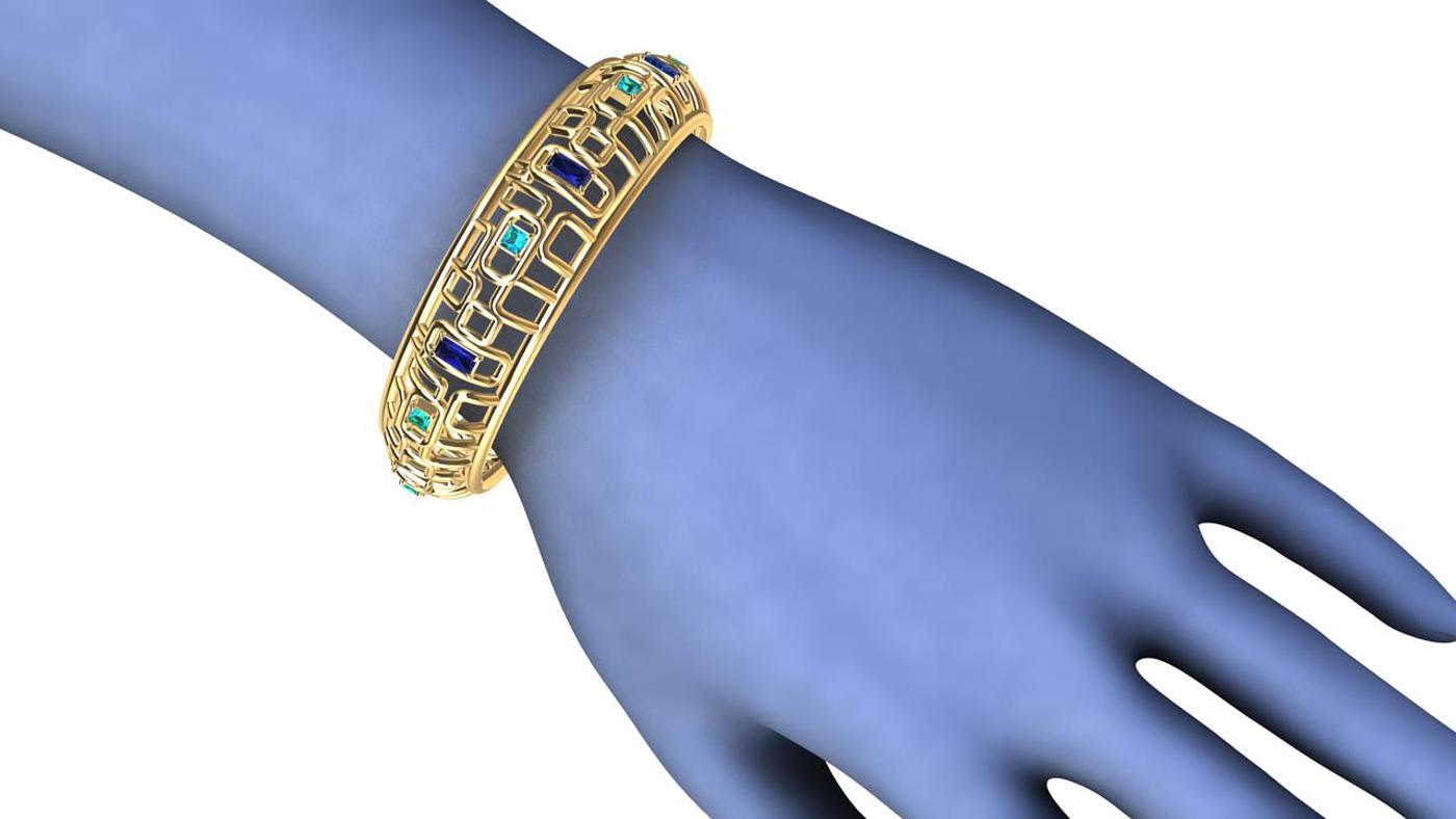 Emerald Cut 18 Karat Yellow Gold Sapphire and Aquamarine Bracelet 