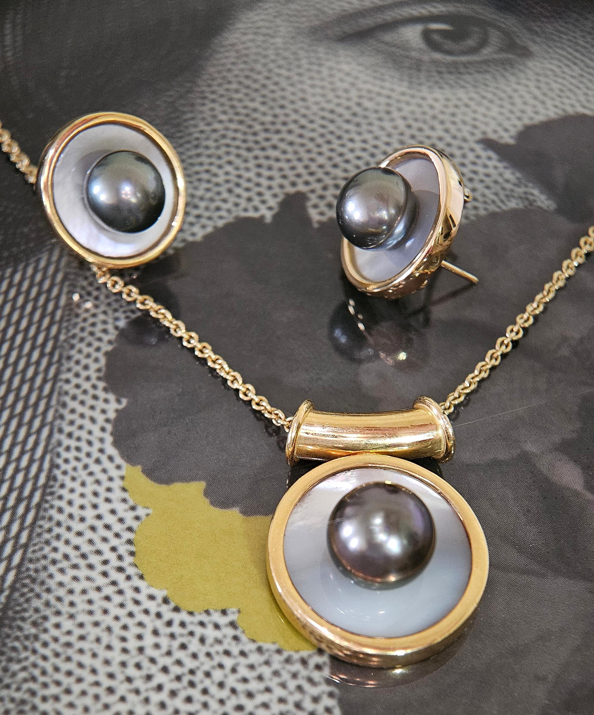 18KY Gold Tahitian & Mother of Pearl Post Omega Clip Button Vintage Earrings For Sale 12