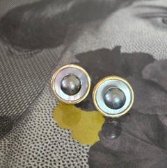18KY Gold Tahitian & Mother of Pearl Post Omega Clip Button Vintage Earrings