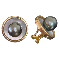 18KY Gold Tahitian & Mother of Pearl Post Omega Clip Button Vintage Earrings