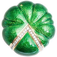 Retro 18 Karat Yellow Green Enamel and Diamond Shell Shaped Pill Box