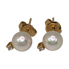 Retro 18ky Mikimoto Pearl Diamond Stud Earrings