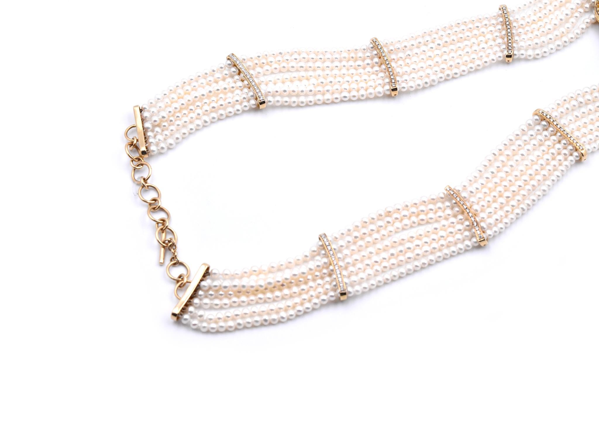 Round Cut 18 Karat Yellow Multi-Strand Pearl Necklace with Opal and Diamonds