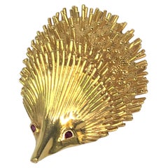 18KY Porcupine Brooch with Ruby Eyes