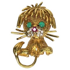 Vintage 18KY Ruby, Emerald & Diamond Lion Brooch