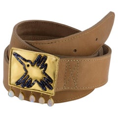 18KY, Sapphire, Moonstone Nazca Line Bird Belt Buckle on Leather Belt