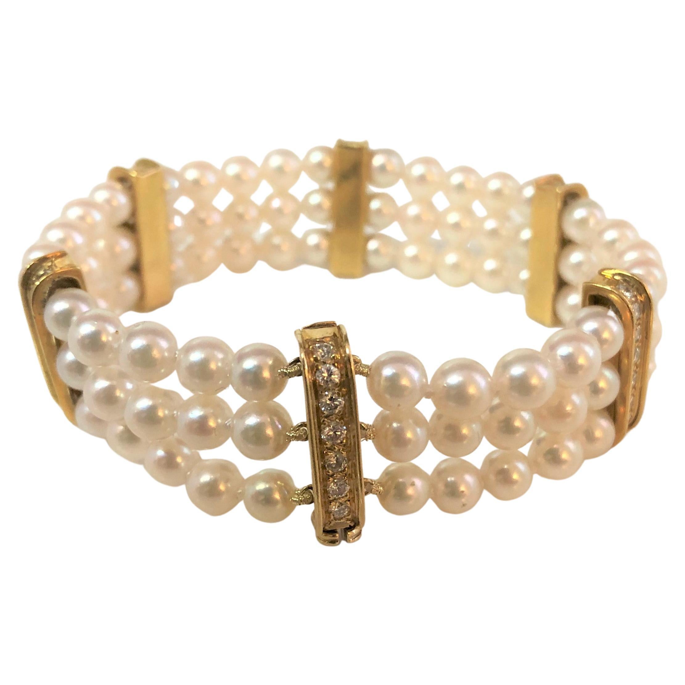 18KY Three Strand Pearl Diamond Bracelet For Sale