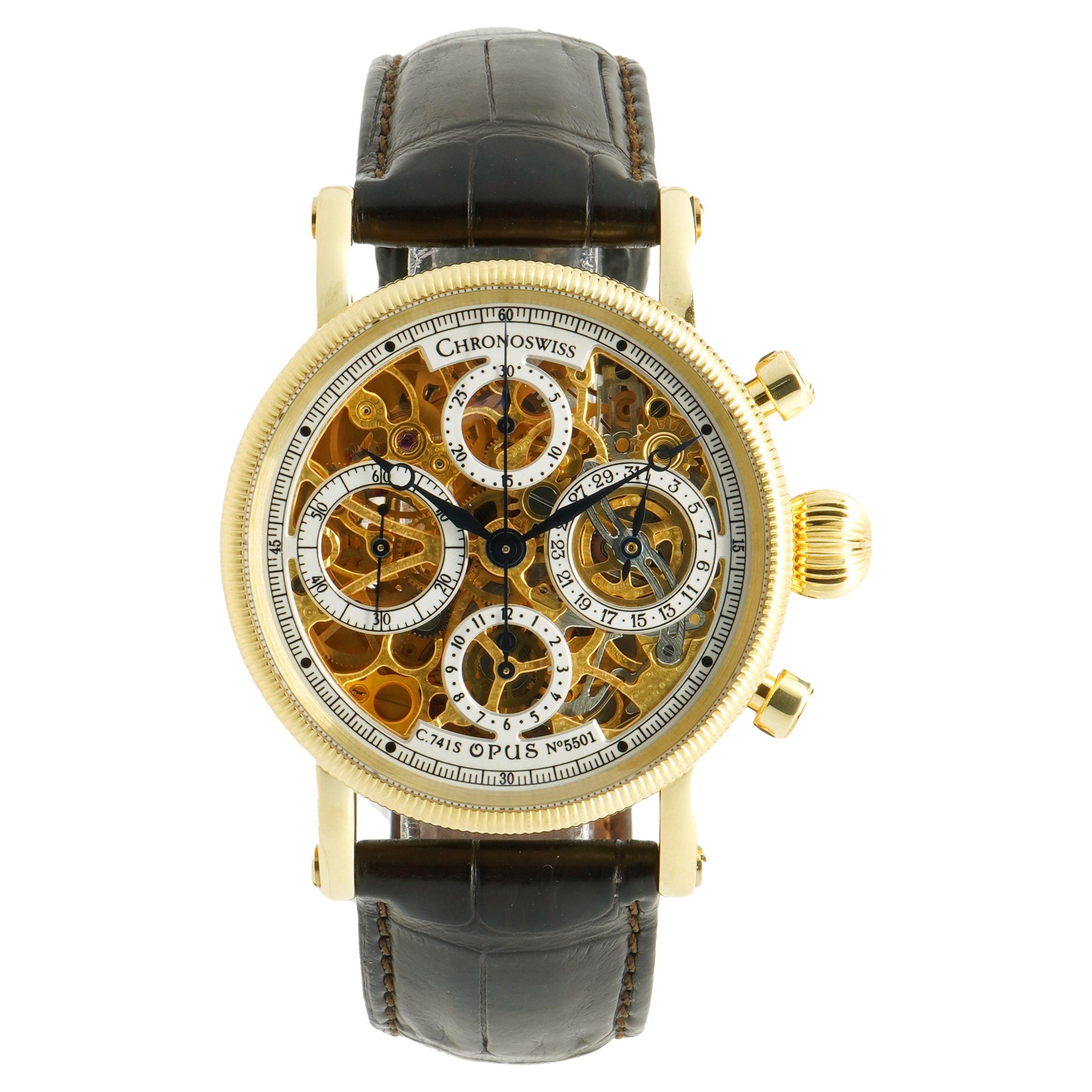 18KY Yellow Gold Chronoswiss Opus Skeleton Chronograph For Sale