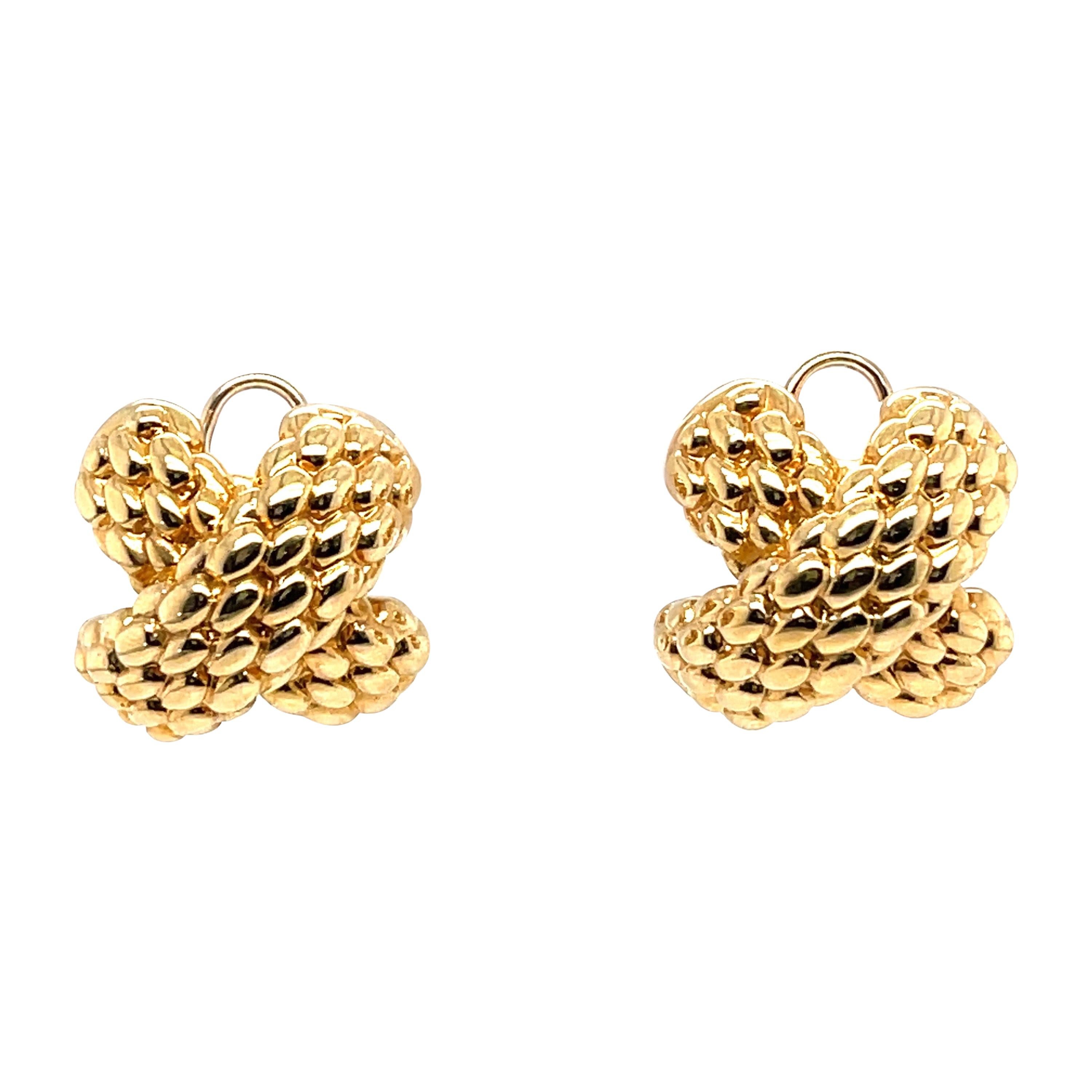 18 Karat Yellow Gold 'X' Design Textured Earrings 11 Grams Italy For Sale