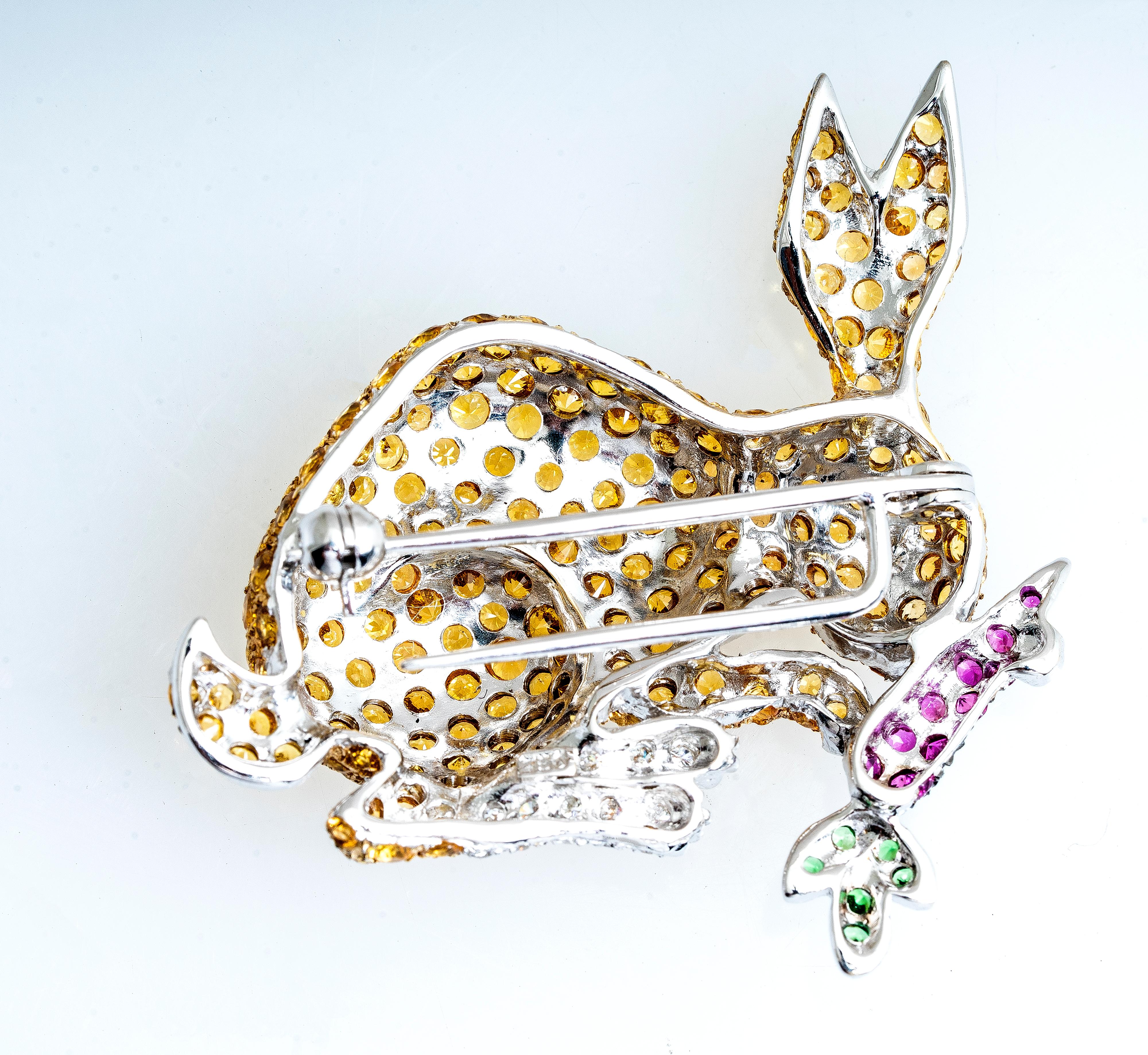 Round Cut 18 Karat Yellow Sapphire Diamond Ruby Tsavorite Bunny Rabbit Brooch For Sale