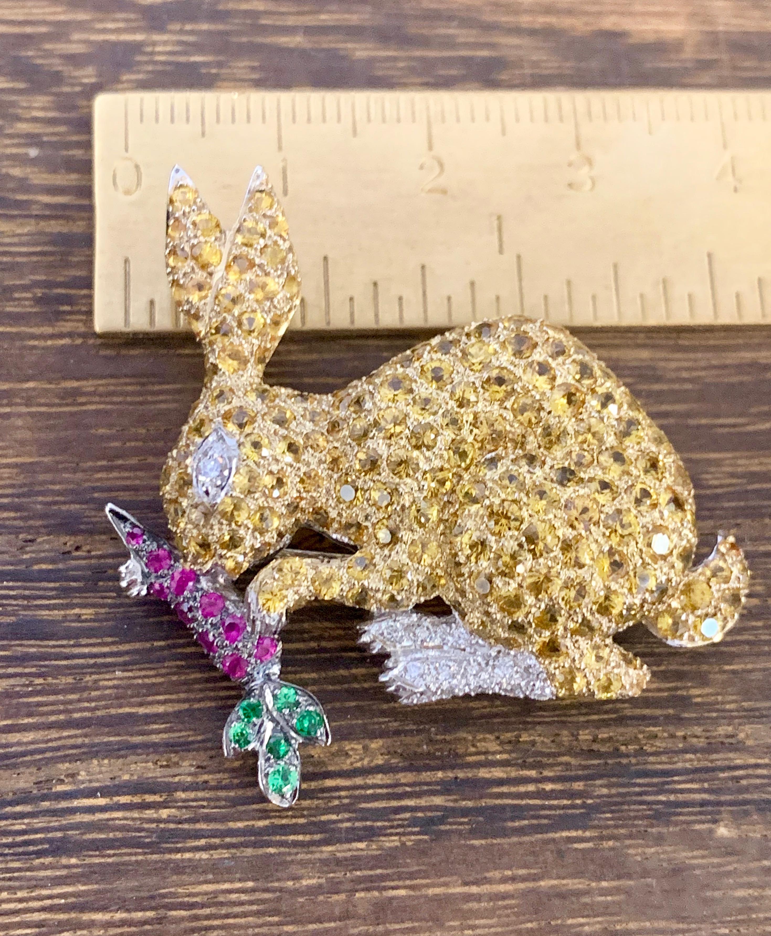 Women's or Men's 18 Karat Yellow Sapphire Diamond Ruby Tsavorite Bunny Rabbit Brooch For Sale
