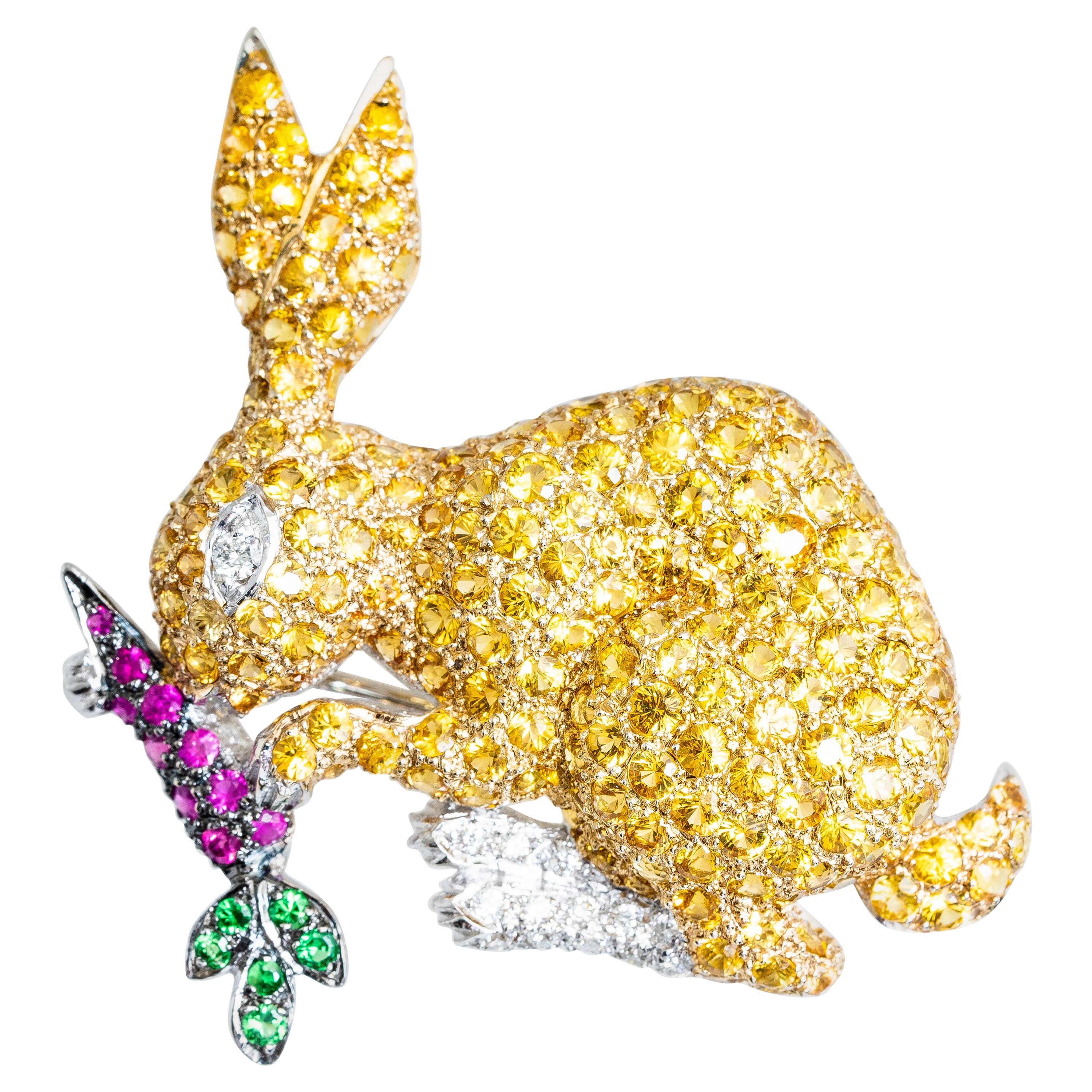 18 Karat Yellow Sapphire Diamond Ruby Tsavorite Bunny Rabbit Brooch For Sale