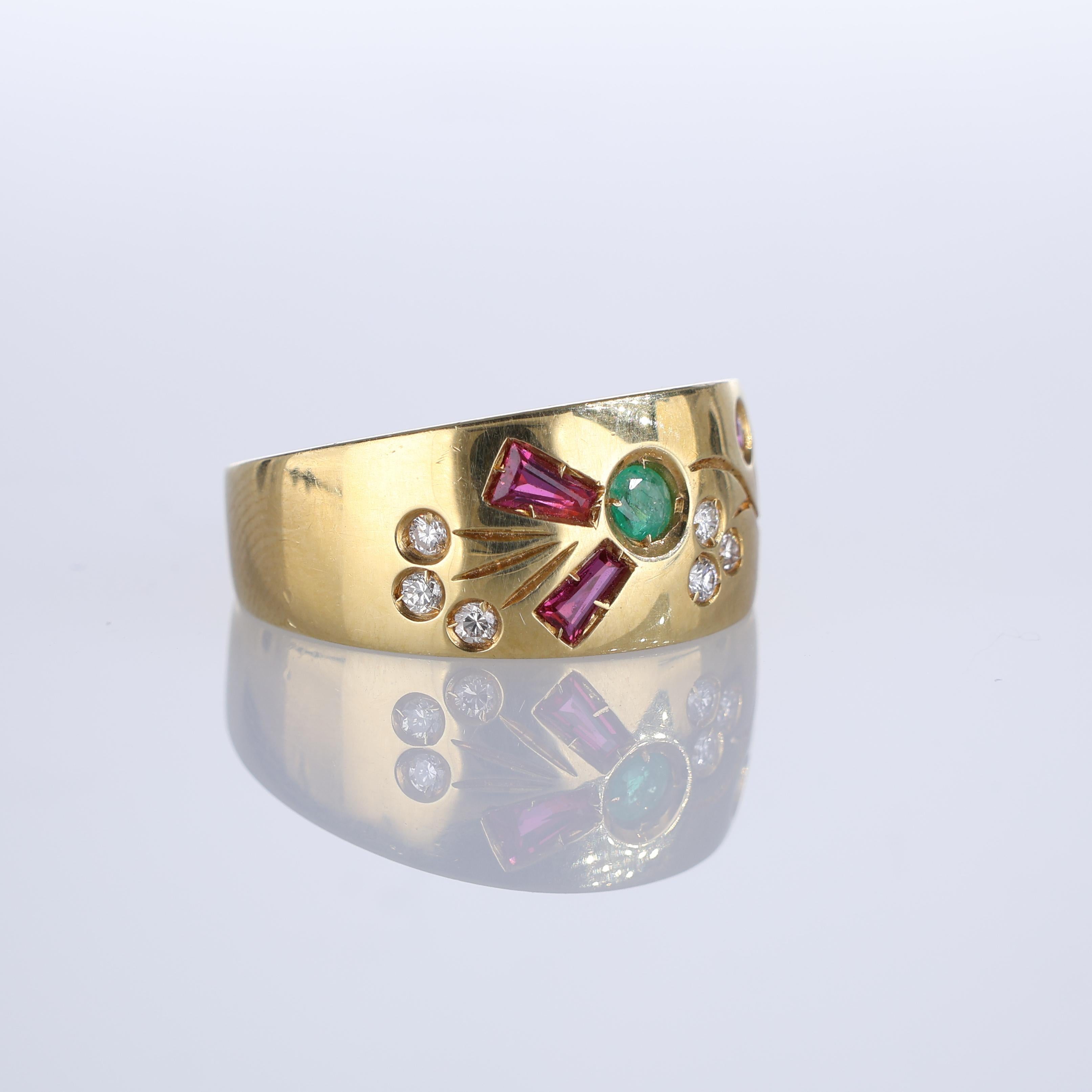 Brilliant Cut 18kYellow Gold Floral Band with Emeralds, Rubies, and Diamonds For Sale