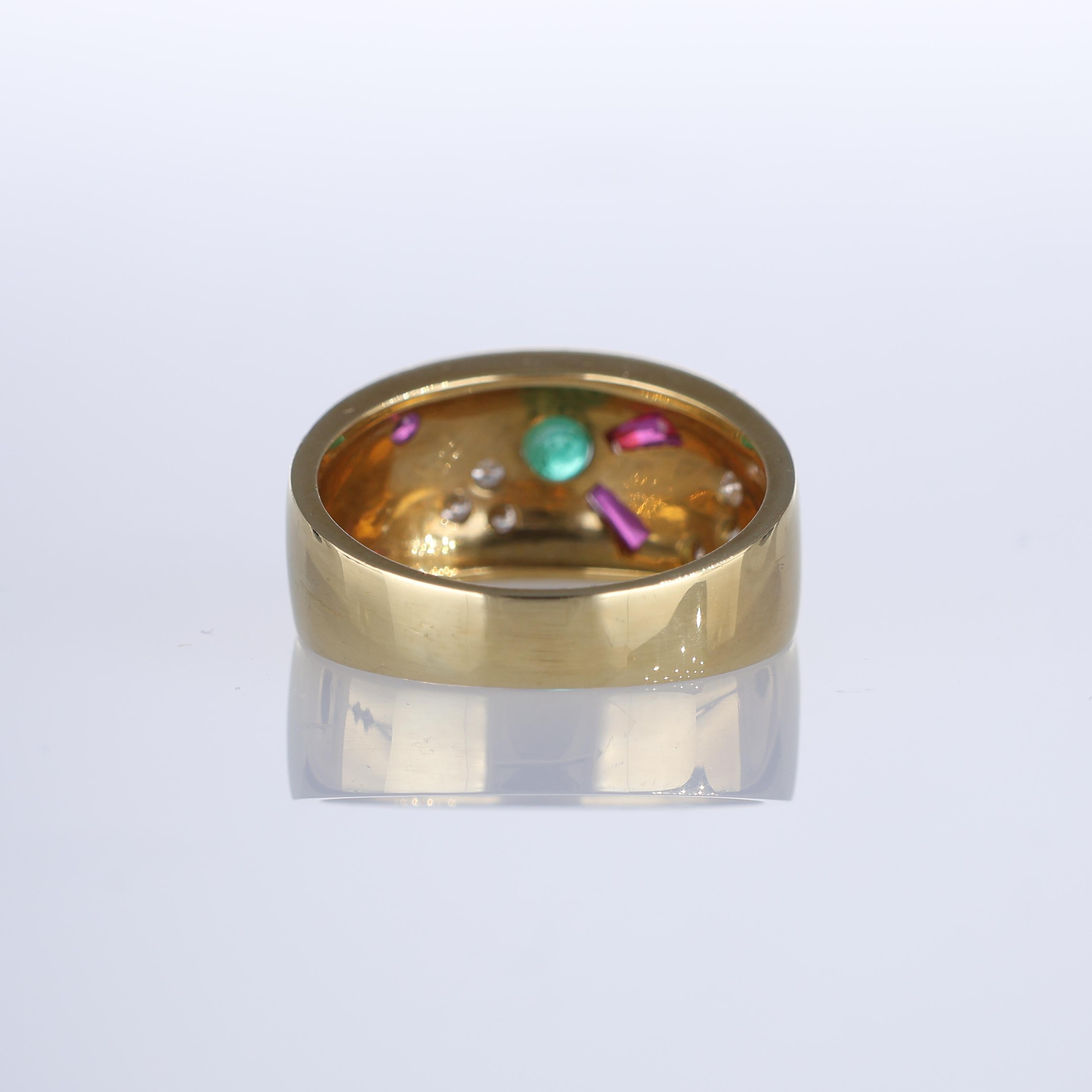 Women's or Men's 18kYellow Gold Floral Band with Emeralds, Rubies, and Diamonds For Sale