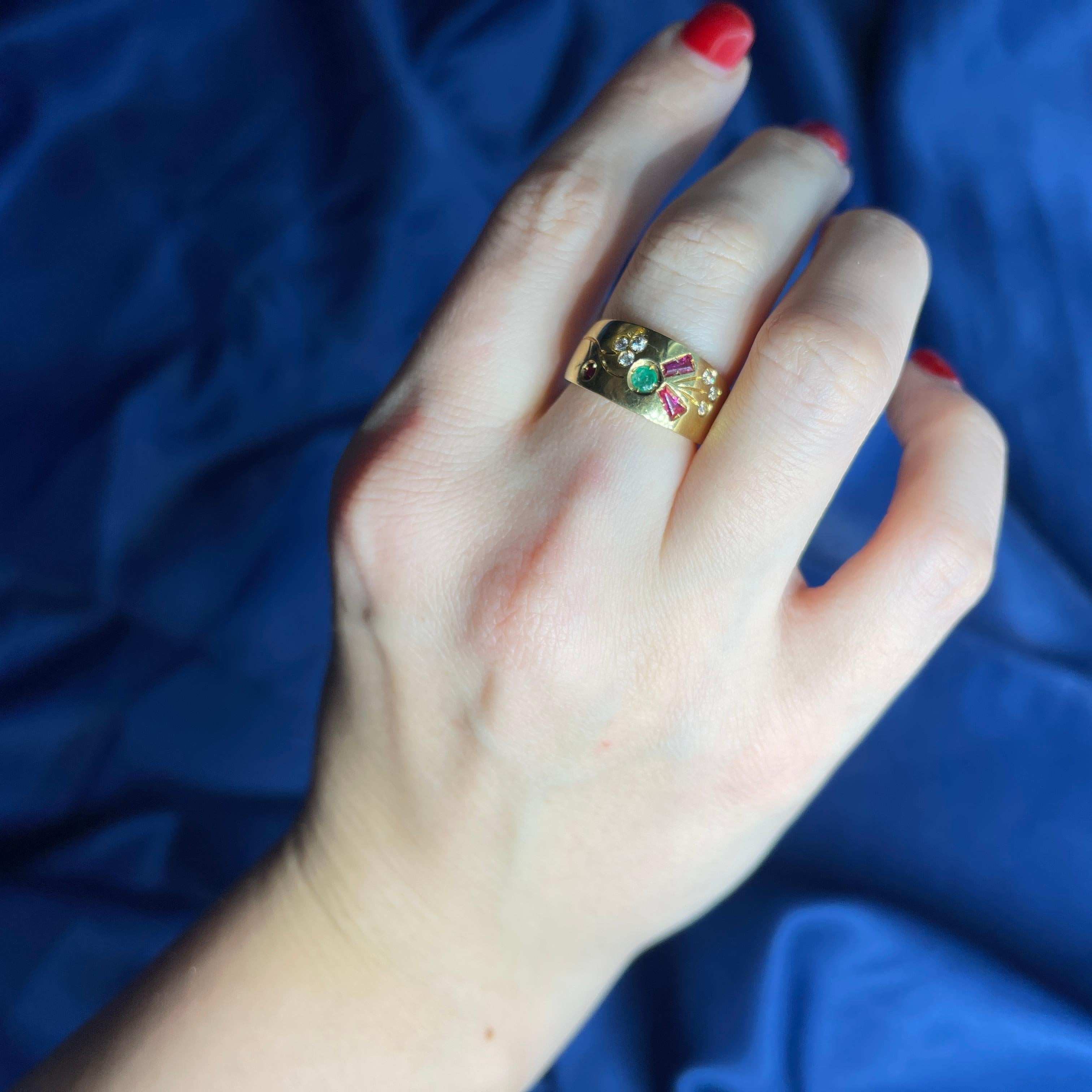 18kYellow Gold Floral Band with Emeralds, Rubies, and Diamonds For Sale 3