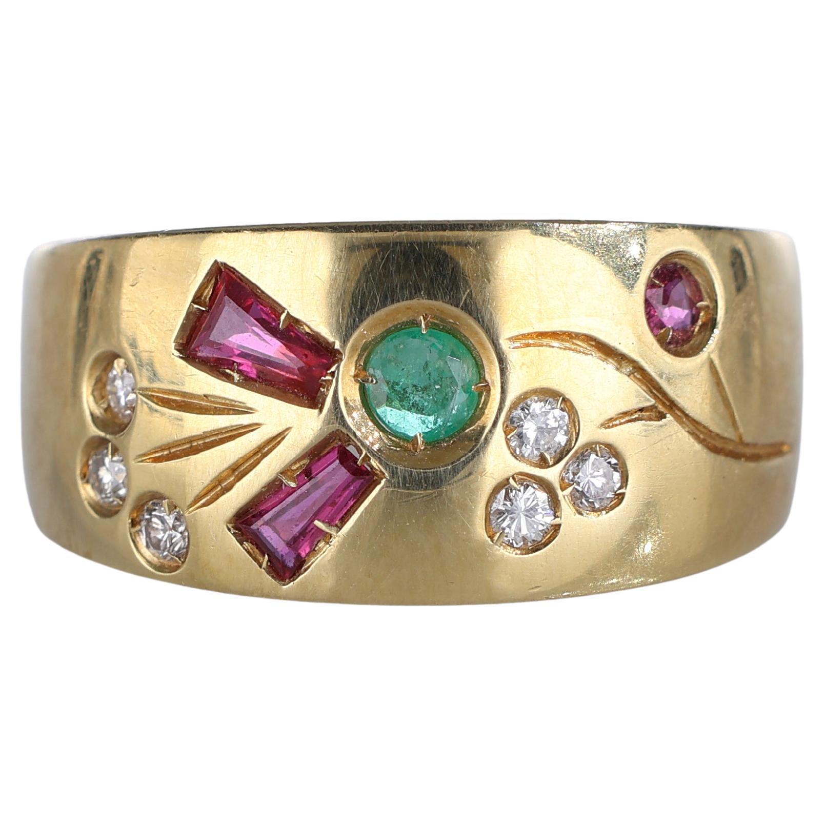 18kYellow Gold Floral Band with Emeralds, Rubies, and Diamonds