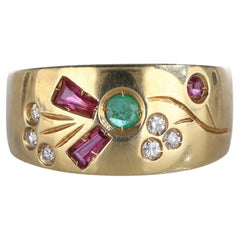 18kYellow Gold Floral Band with Emeralds, Rubies, and Diamonds