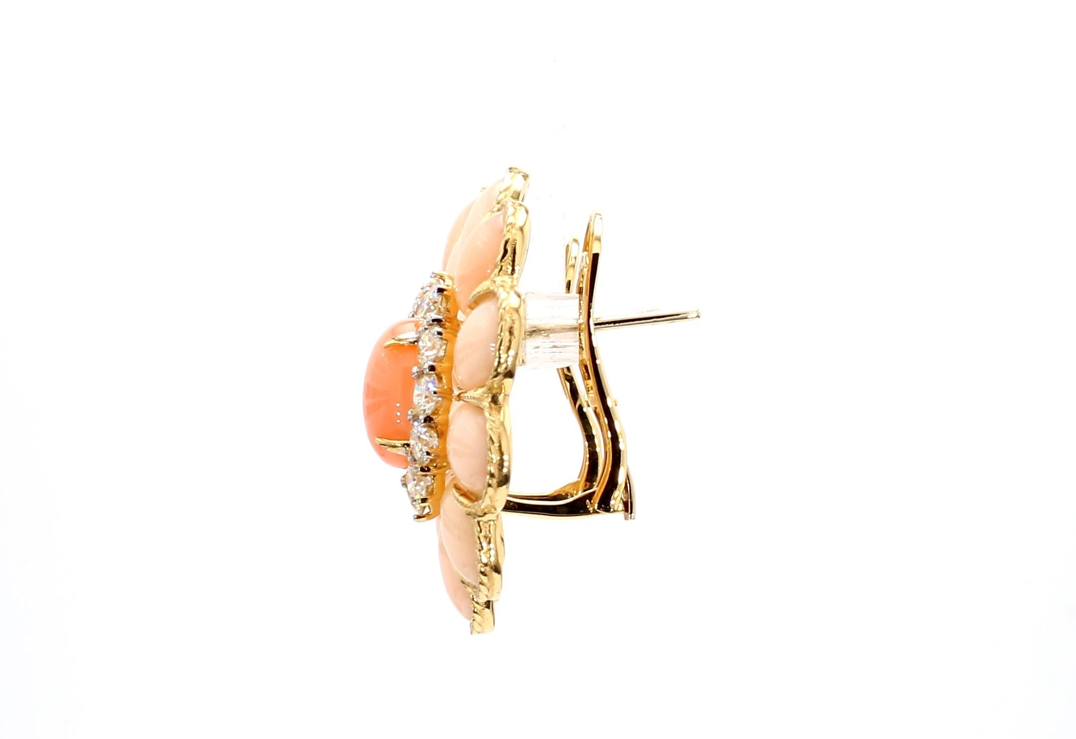 Cabochon 18KYG Coral and Diamond Cluster Earring For Sale