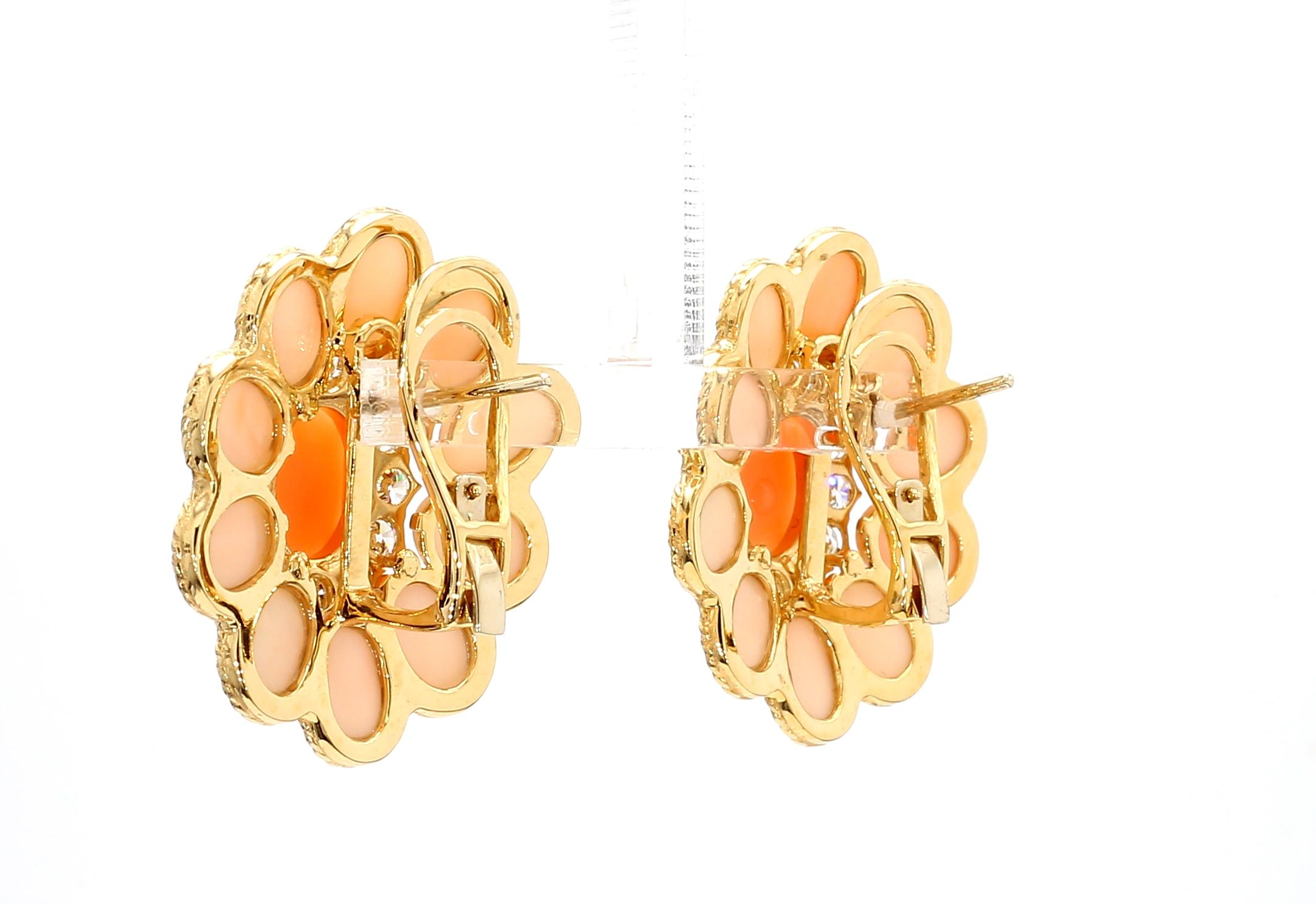 18KYG Coral and Diamond Cluster Earring In New Condition For Sale In New York, NY