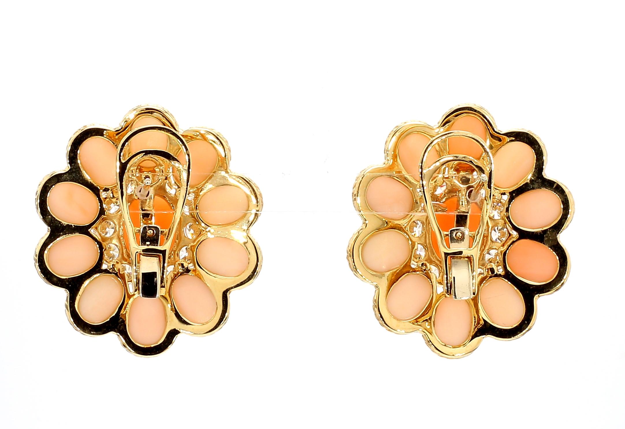 Women's or Men's 18KYG Coral and Diamond Cluster Earring For Sale