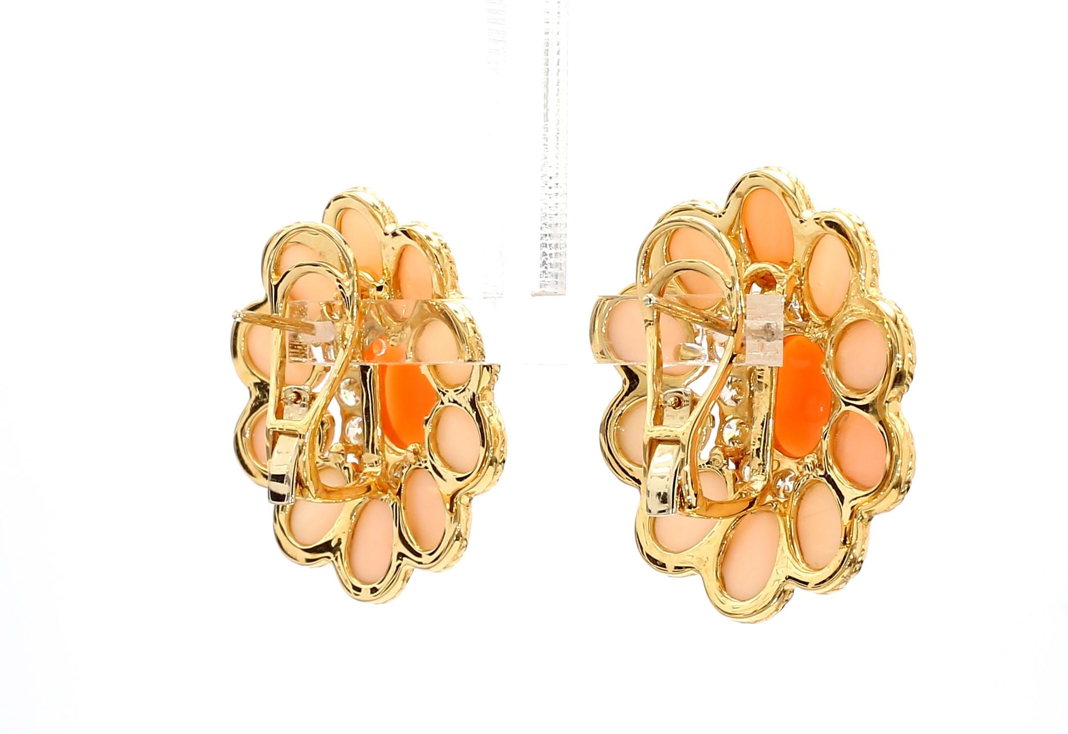 18KYG Coral and Diamond Cluster Earring For Sale 1