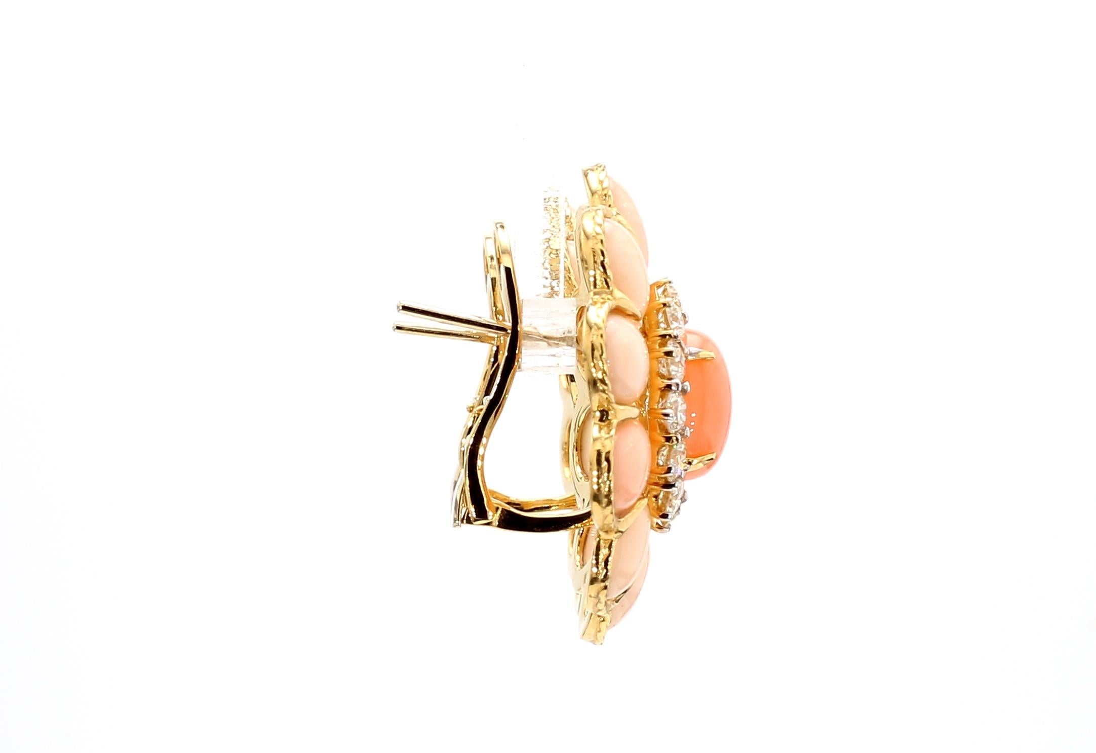 18KYG Coral and Diamond Cluster Earring For Sale 2