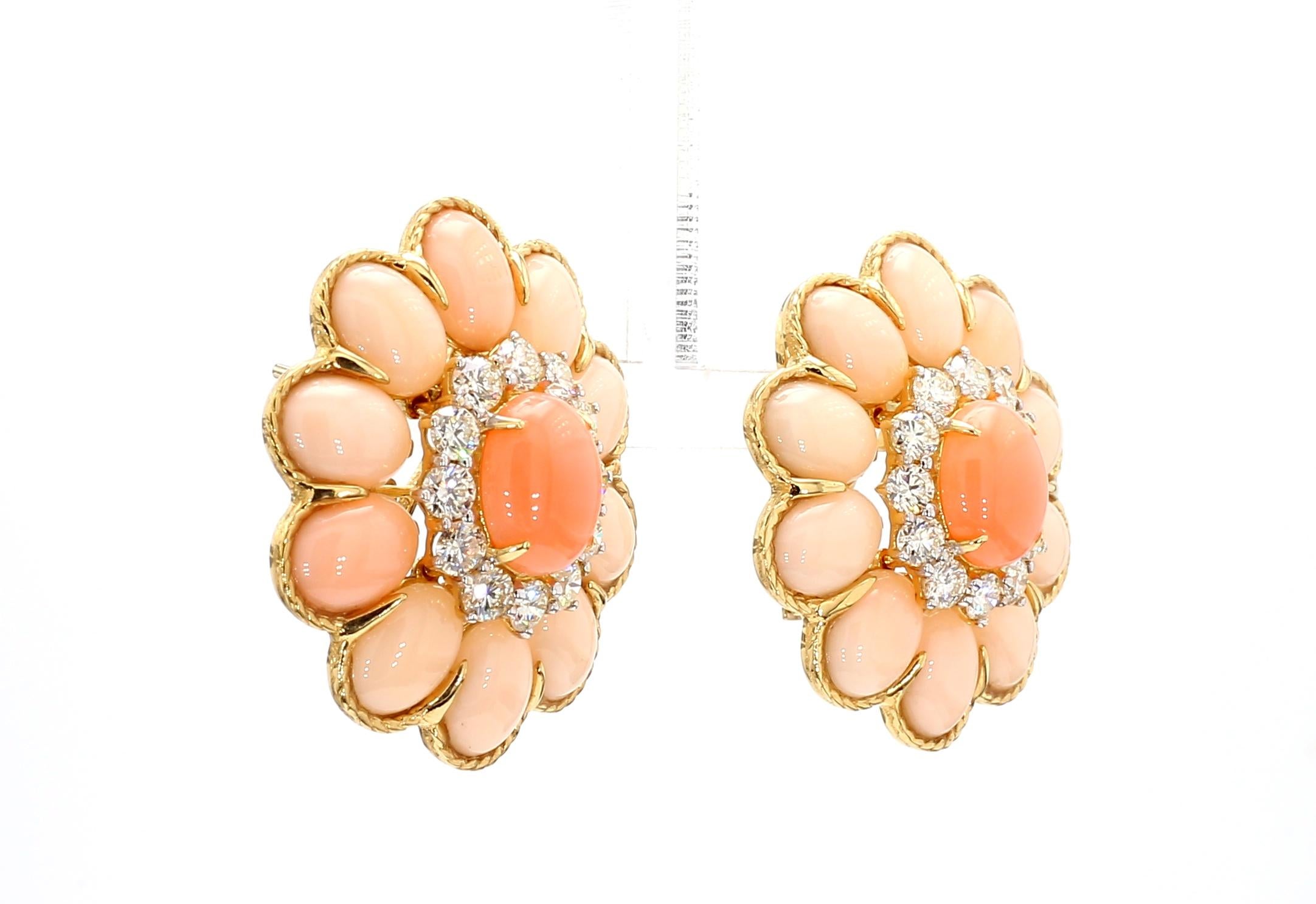18KYG Coral and Diamond Cluster Earring For Sale 3