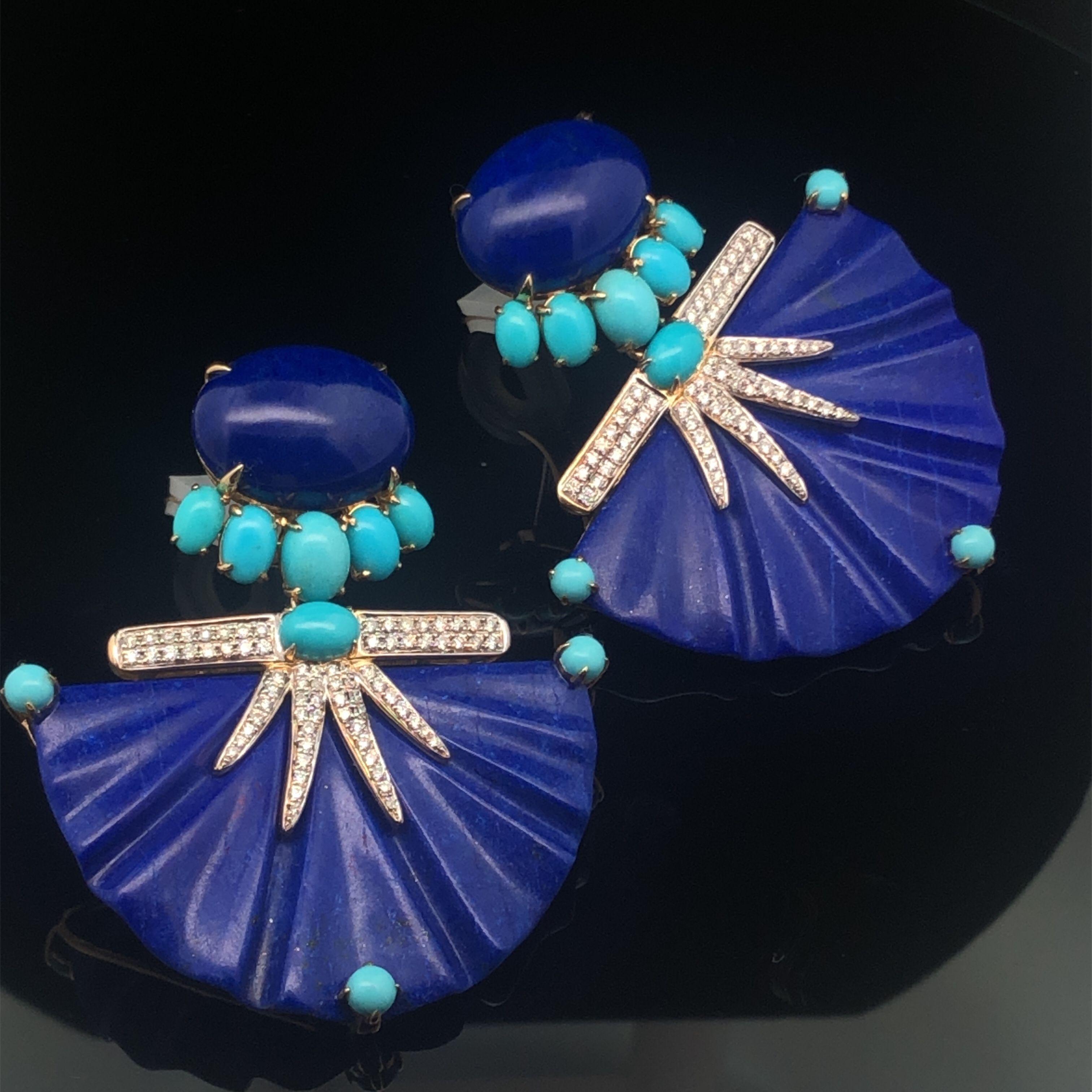 18KYG Earrings With Ribbed Lapis, Cabochon Turquoise And Diamond Earrings In New Condition For Sale In New York, NY