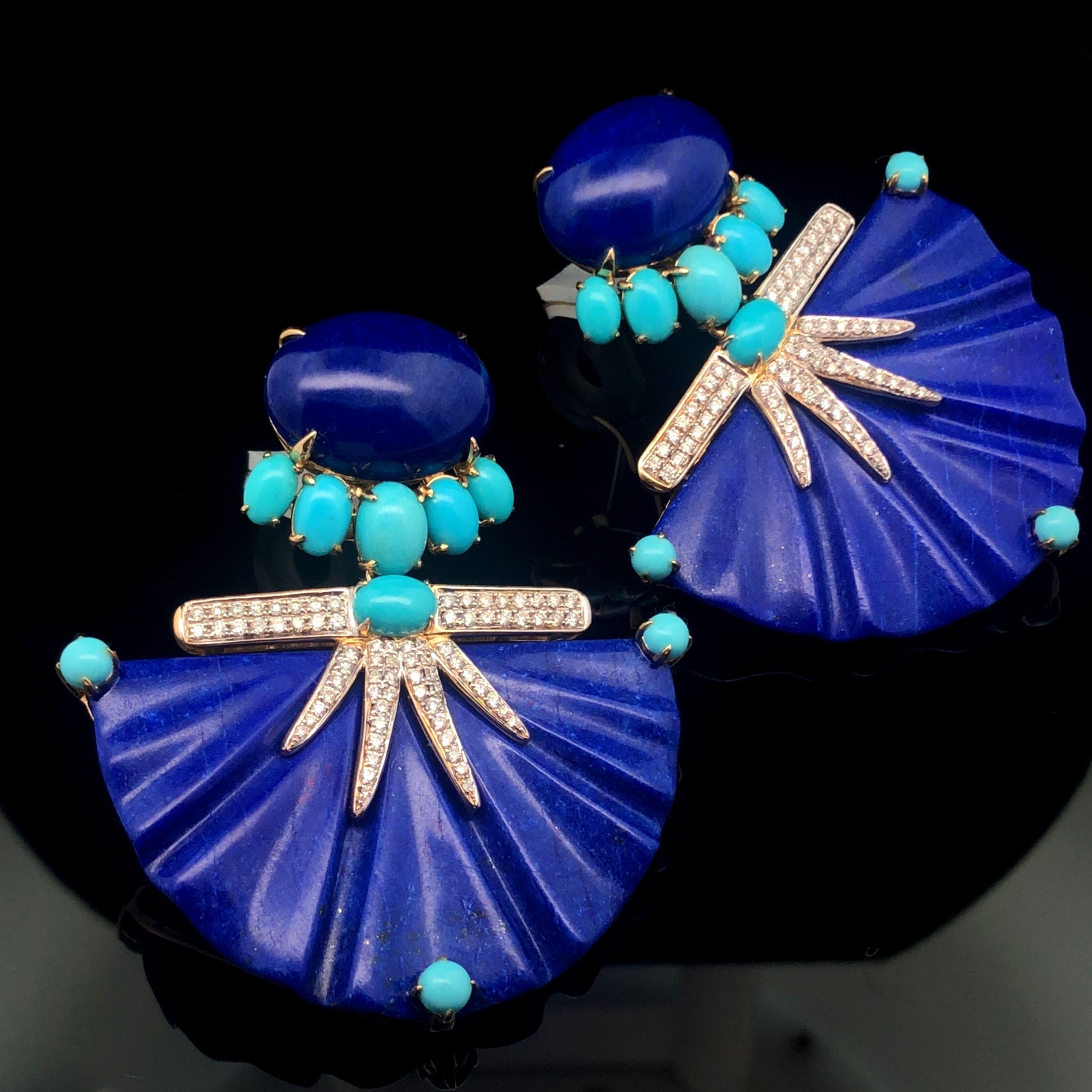 18KYG Earrings With Ribbed Lapis, Cabochon Turquoise And Diamond Earrings For Sale 1