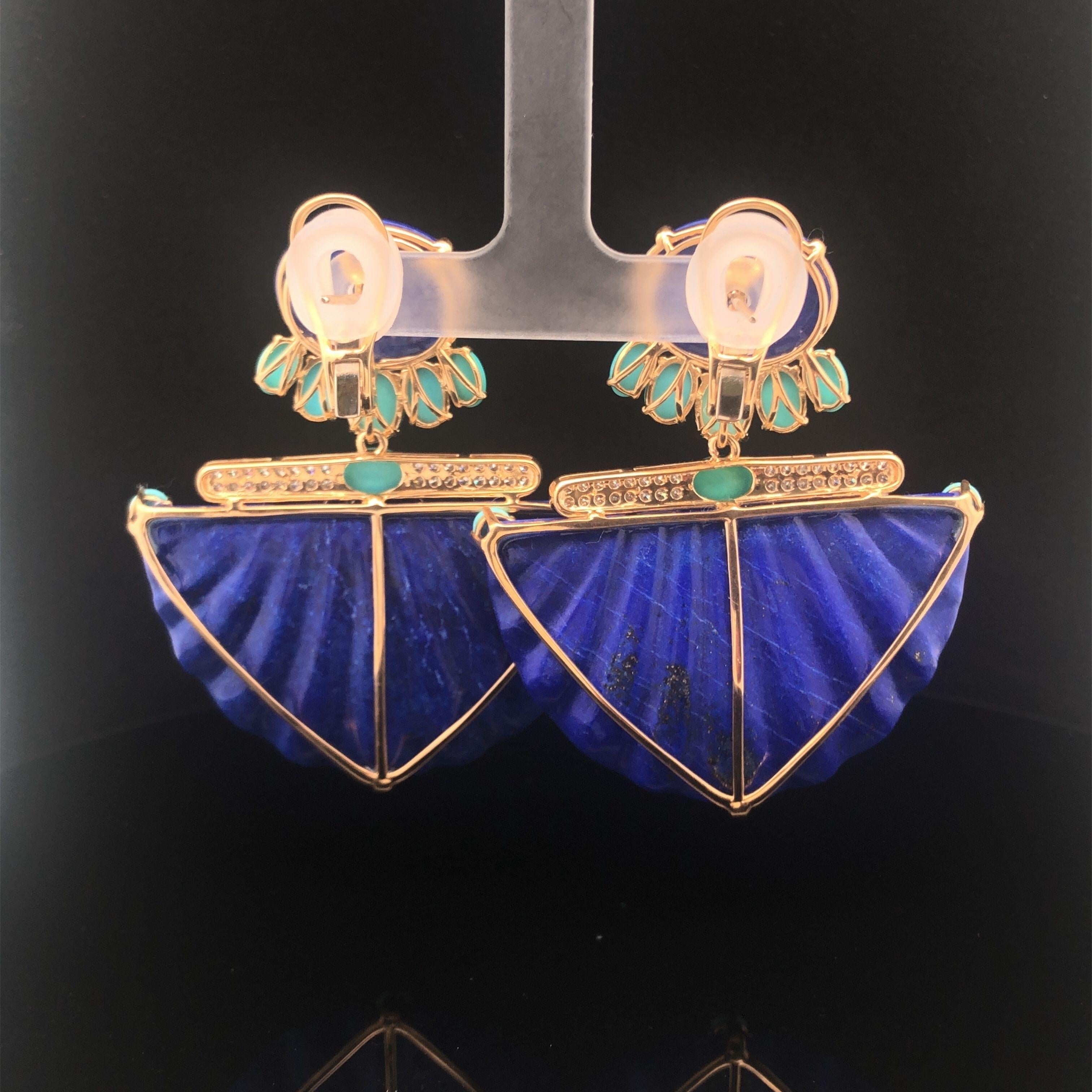 18KYG Earrings With Ribbed Lapis, Cabochon Turquoise And Diamond Earrings For Sale 2