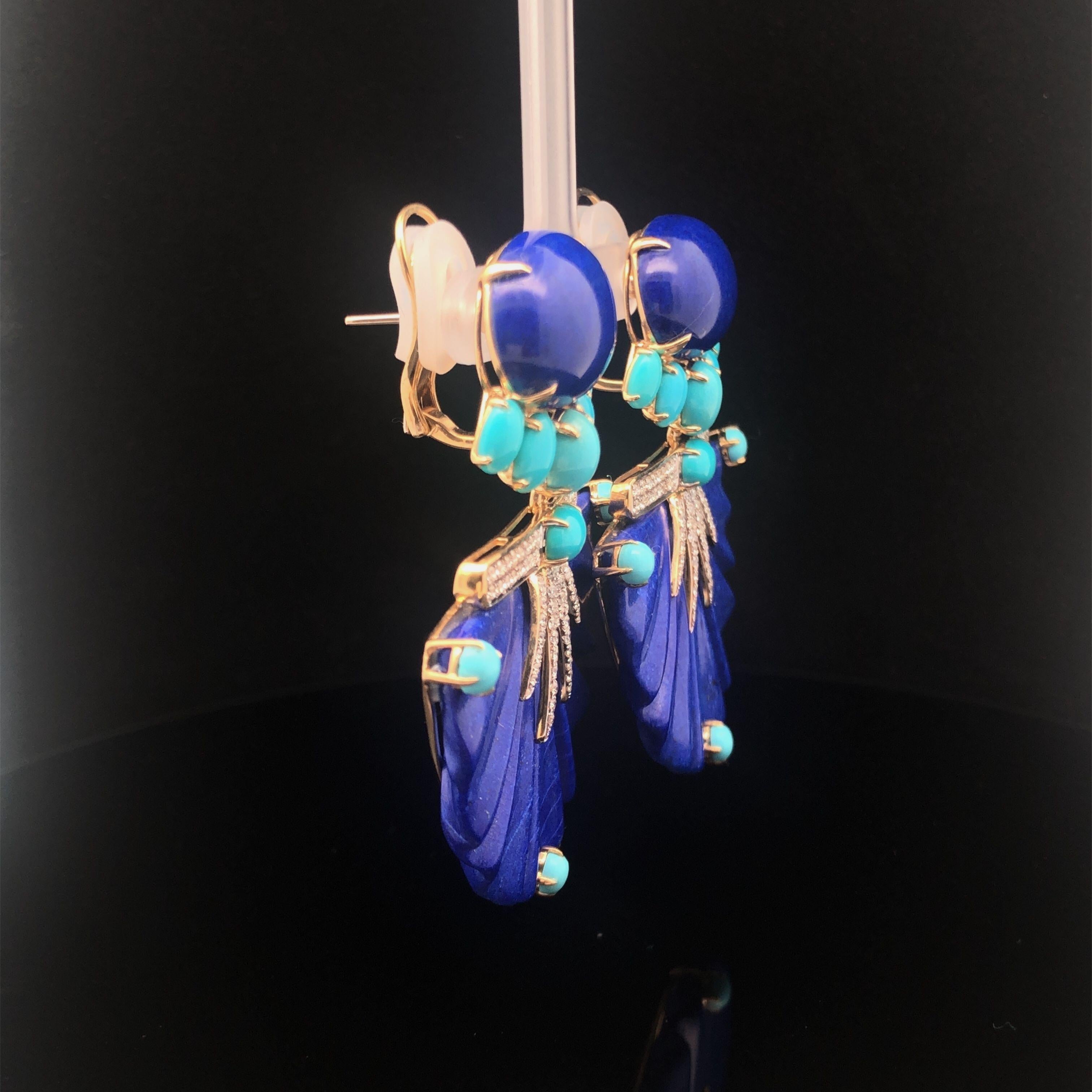 18KYG Earrings With Ribbed Lapis, Cabochon Turquoise And Diamond Earrings For Sale 3