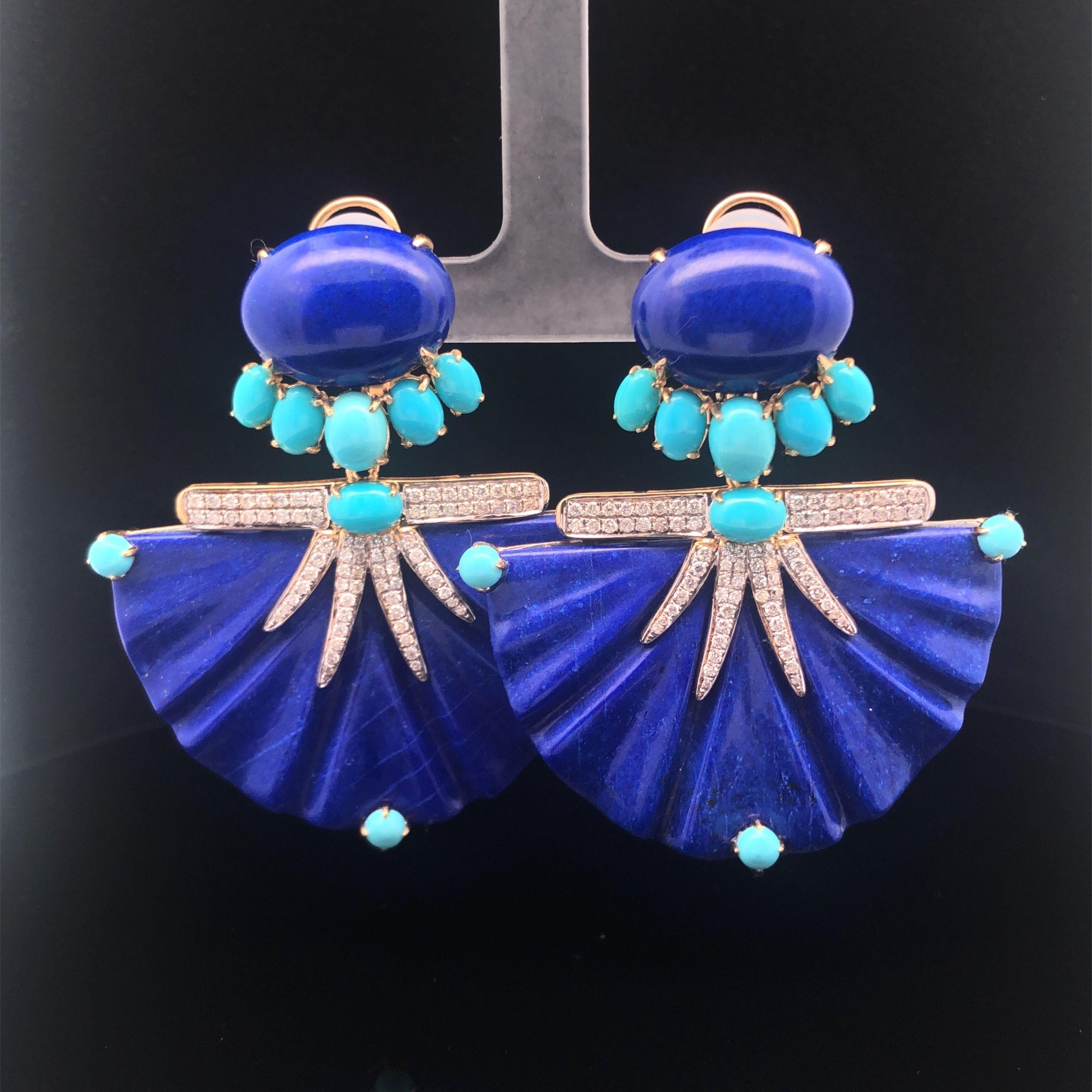 18KYG Earrings With Ribbed Lapis, Cabochon Turquoise And Diamond Earrings For Sale 4