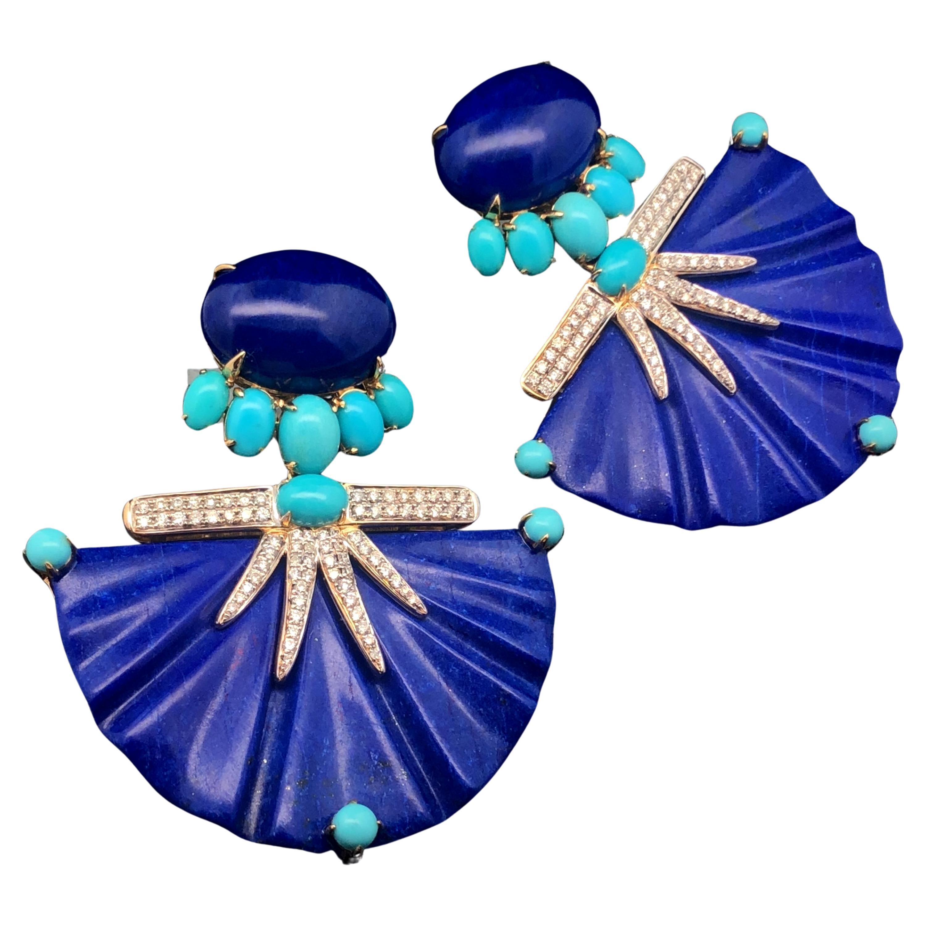 18KYG Earrings With Ribbed Lapis, Cabochon Turquoise And Diamond Earrings