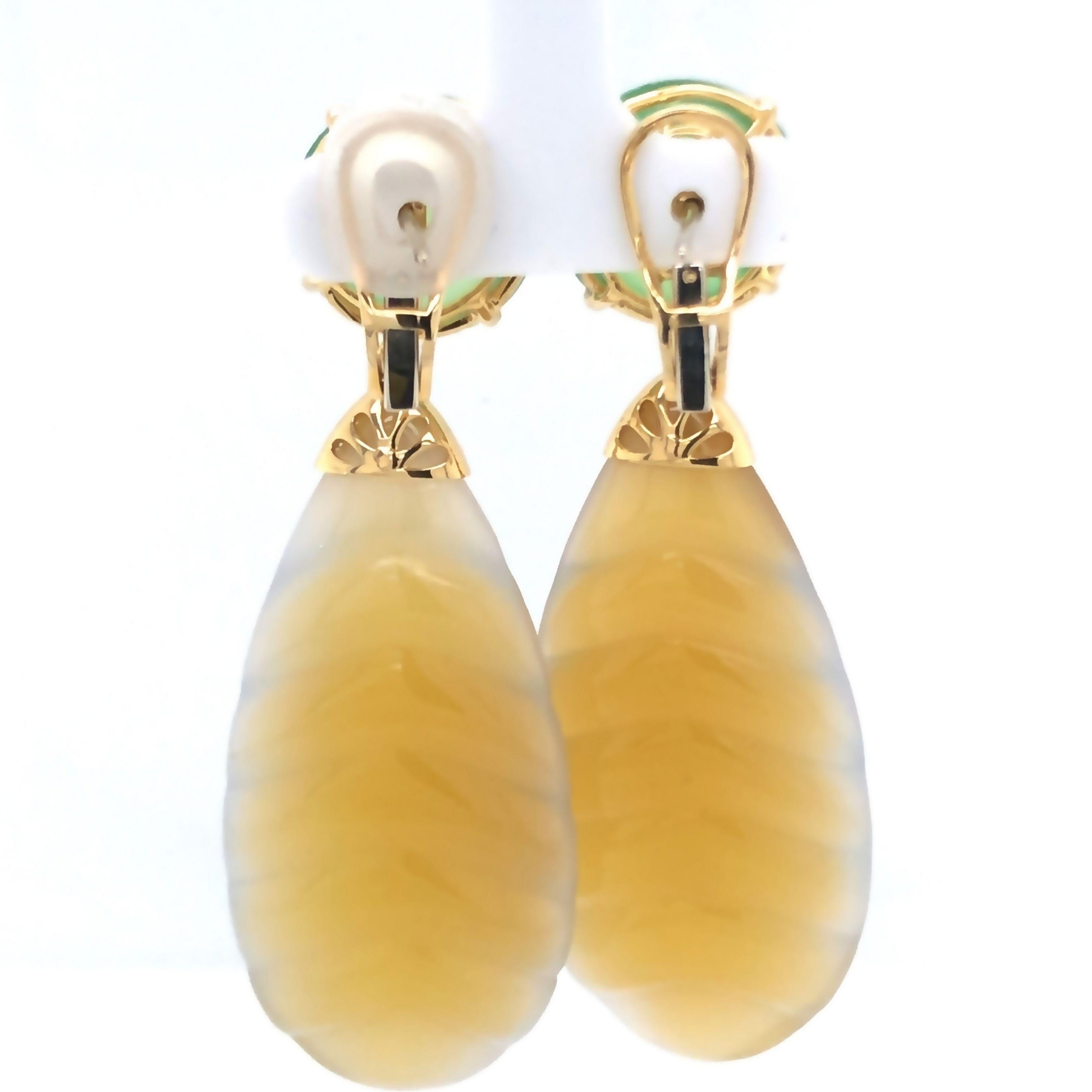 Round Cut 18KYG Green Agate, Carved Yellow Agate and Diamond Earrings For Sale