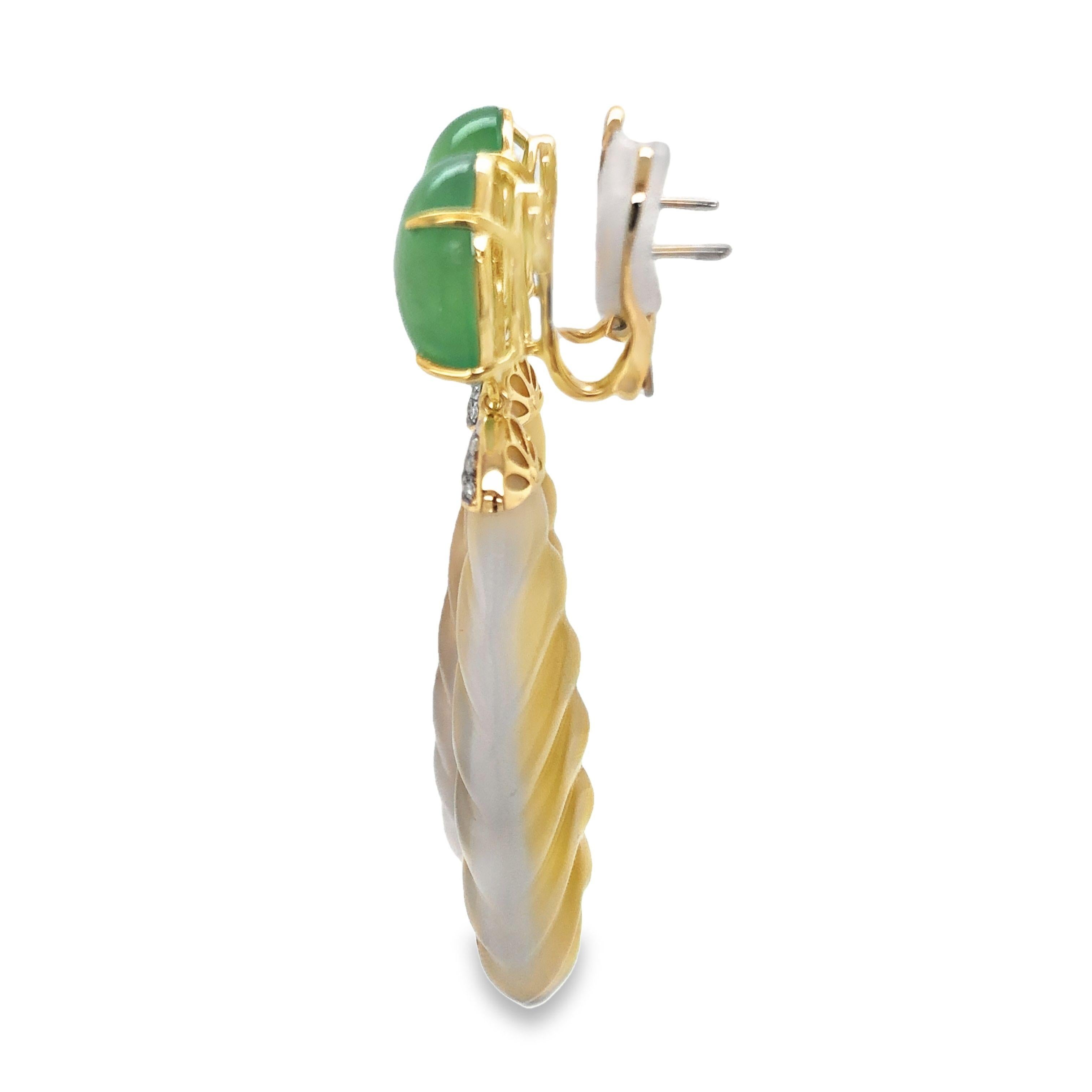 18KYG Green Agate, Carved Yellow Agate and Diamond Earrings In New Condition For Sale In New York, NY