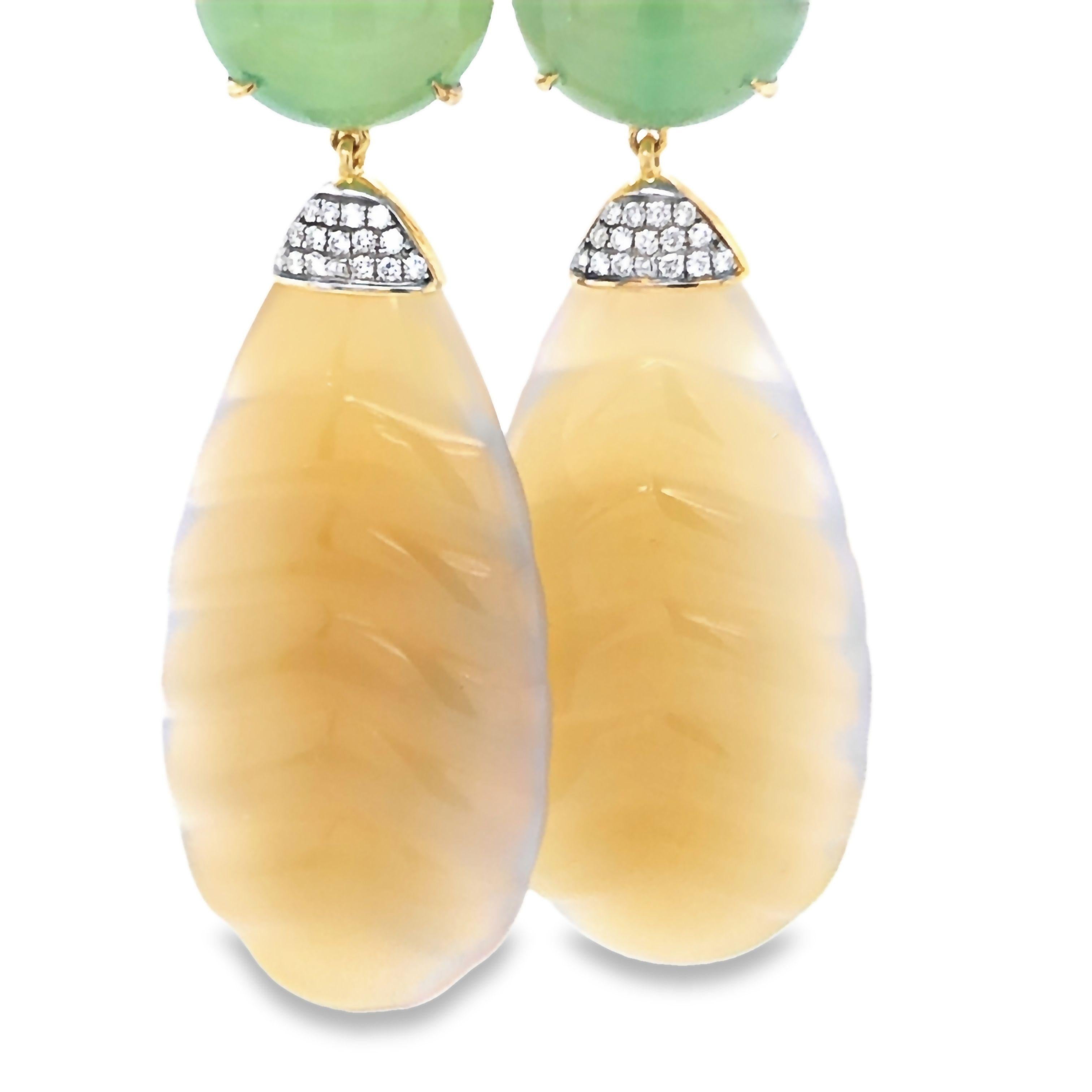 Women's 18KYG Green Agate, Carved Yellow Agate and Diamond Earrings For Sale