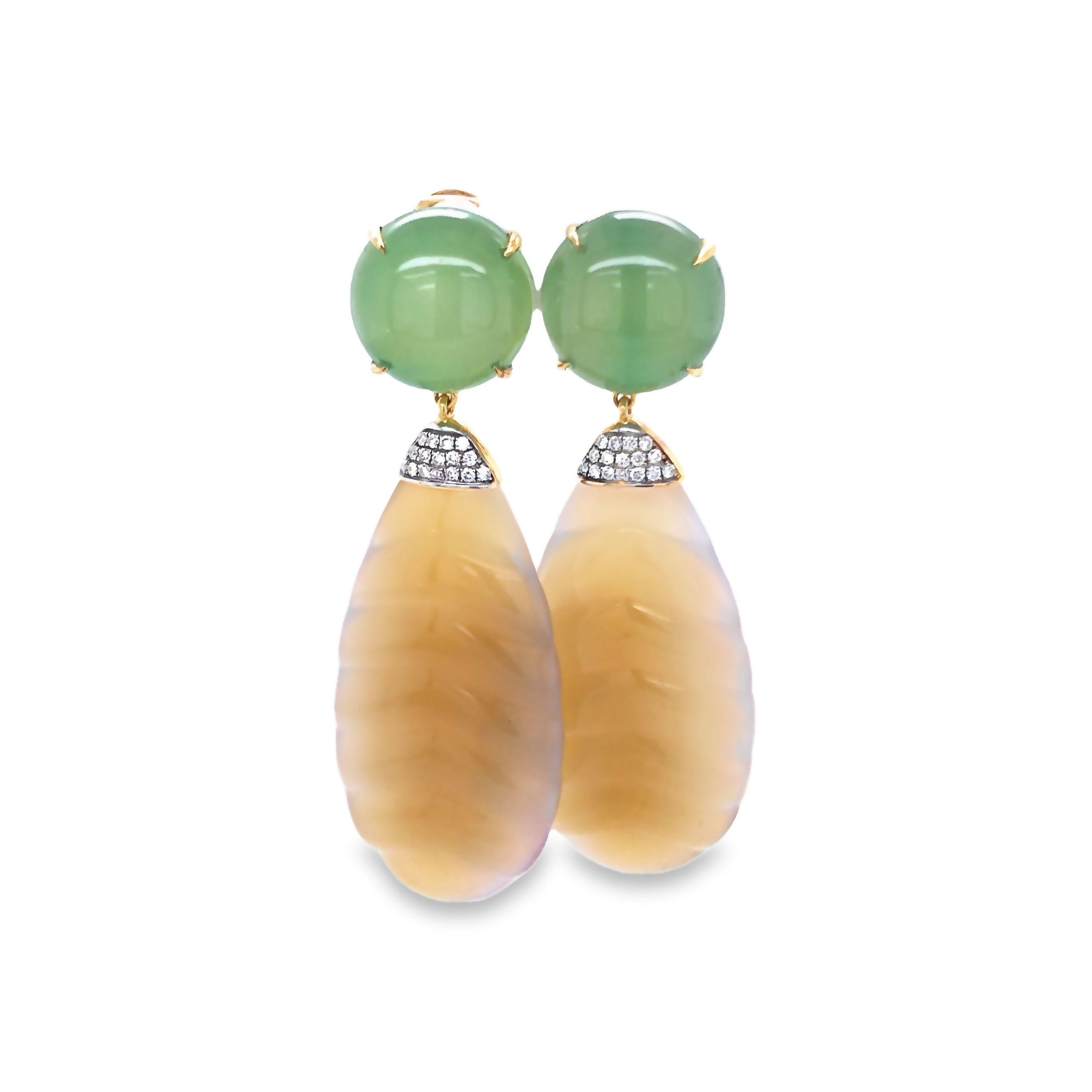 18KYG Green Agate, Carved Yellow Agate and Diamond Earrings For Sale 1