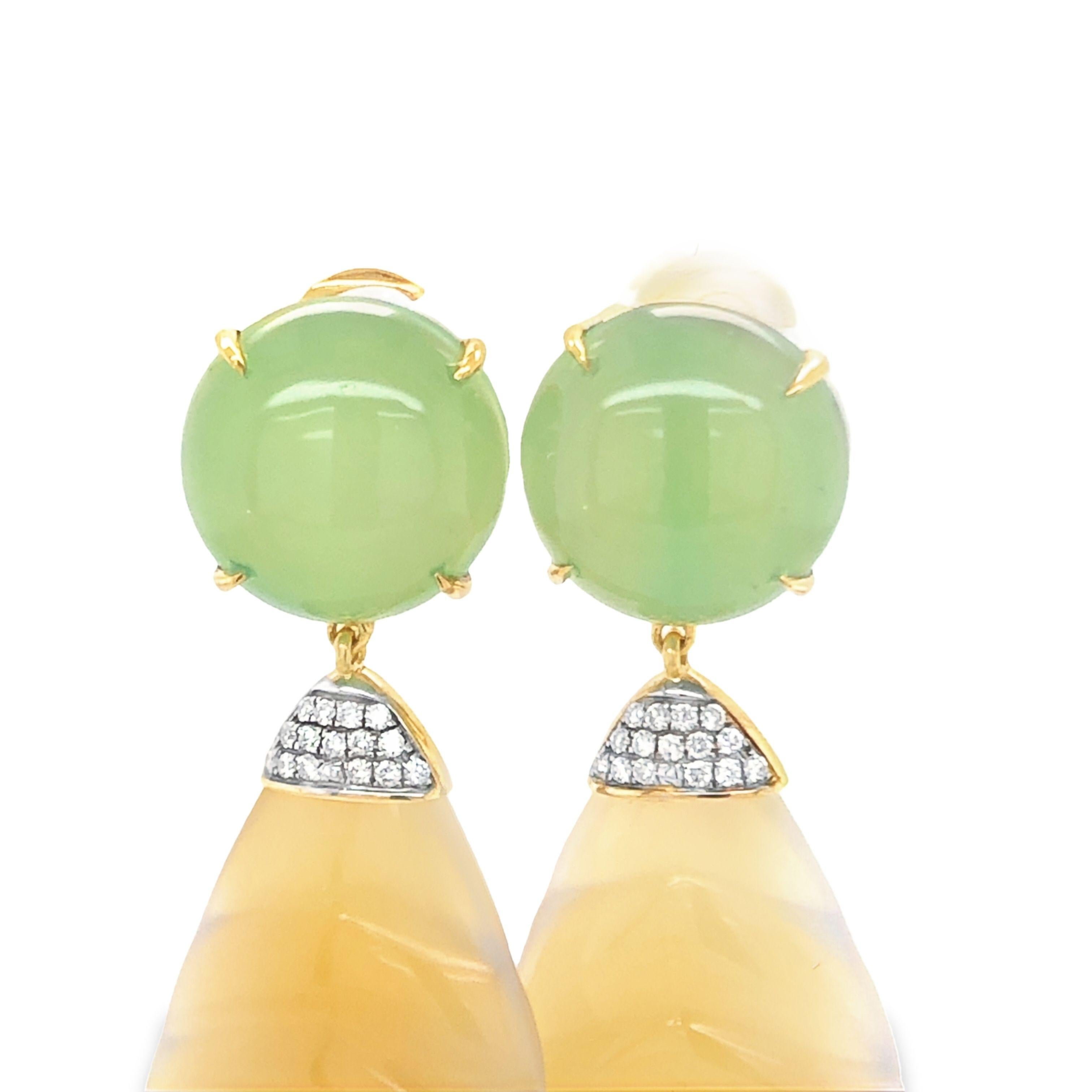 18KYG Green Agate, Carved Yellow Agate and Diamond Earrings For Sale 2