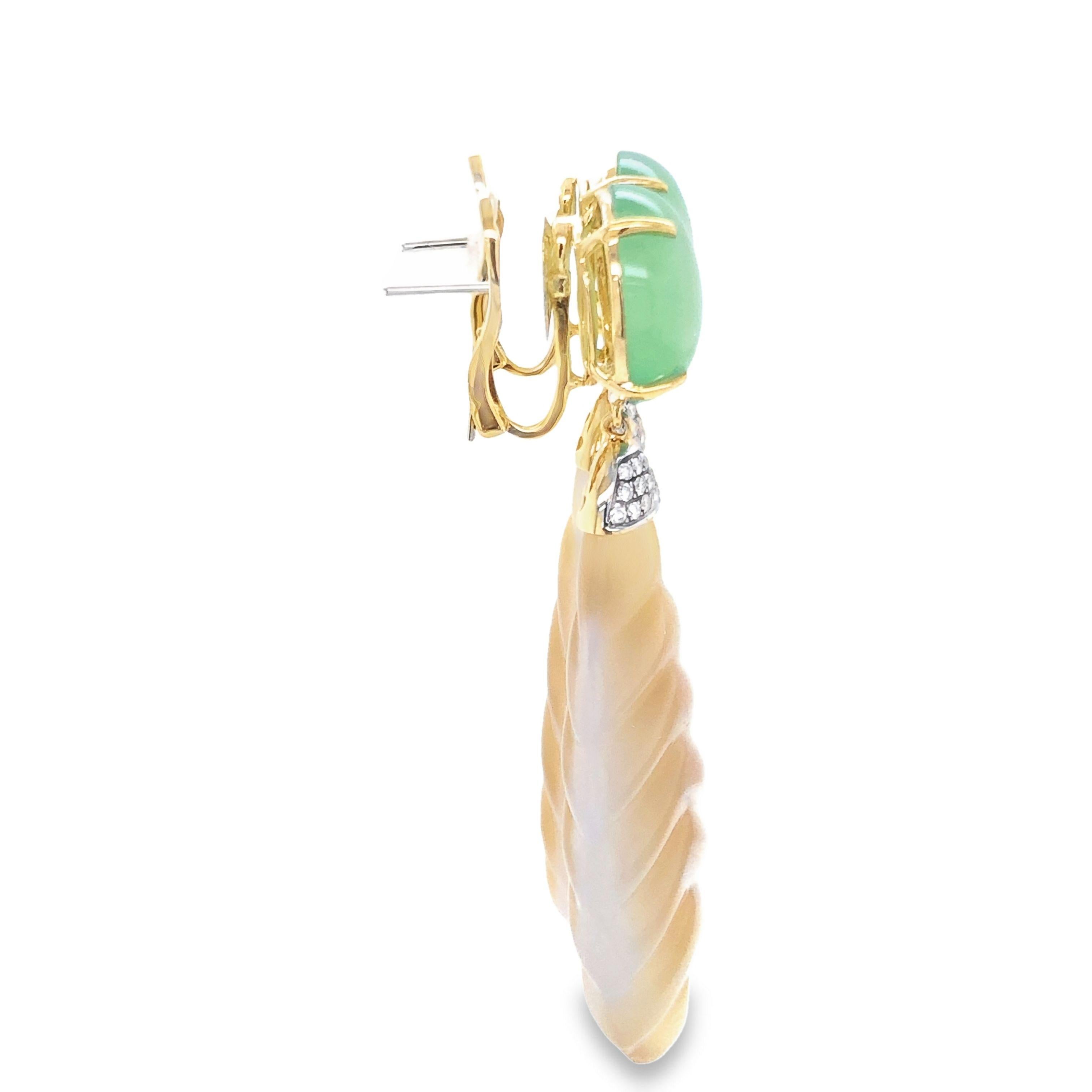18KYG Green Agate, Carved Yellow Agate and Diamond Earrings For Sale 3