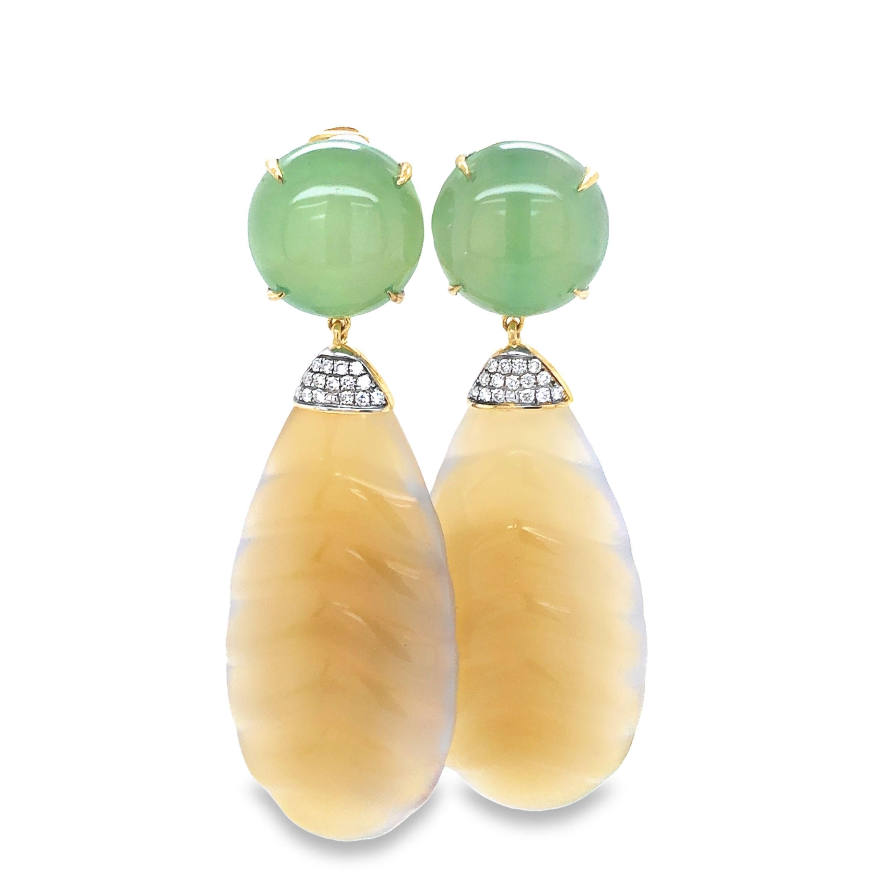 18KYG Green Agate, Carved Yellow Agate and Diamond Earrings For Sale 4